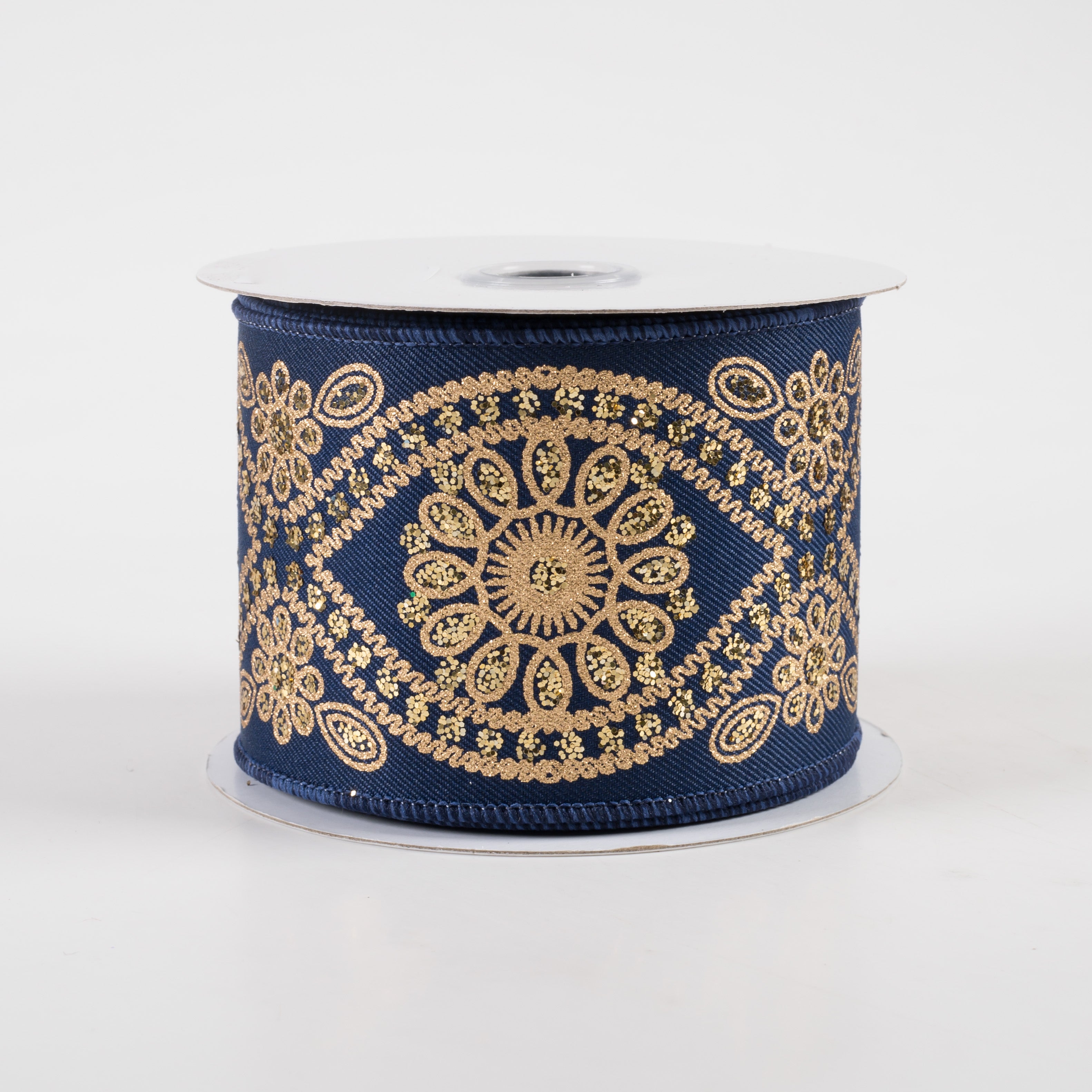 2.5" Deluxe Wavy Floral Ribbon: Navy Blue & Gold (10 Yards)