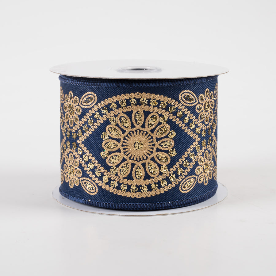2.5" Deluxe Wavy Floral Ribbon: Navy Blue & Gold (10 Yards)