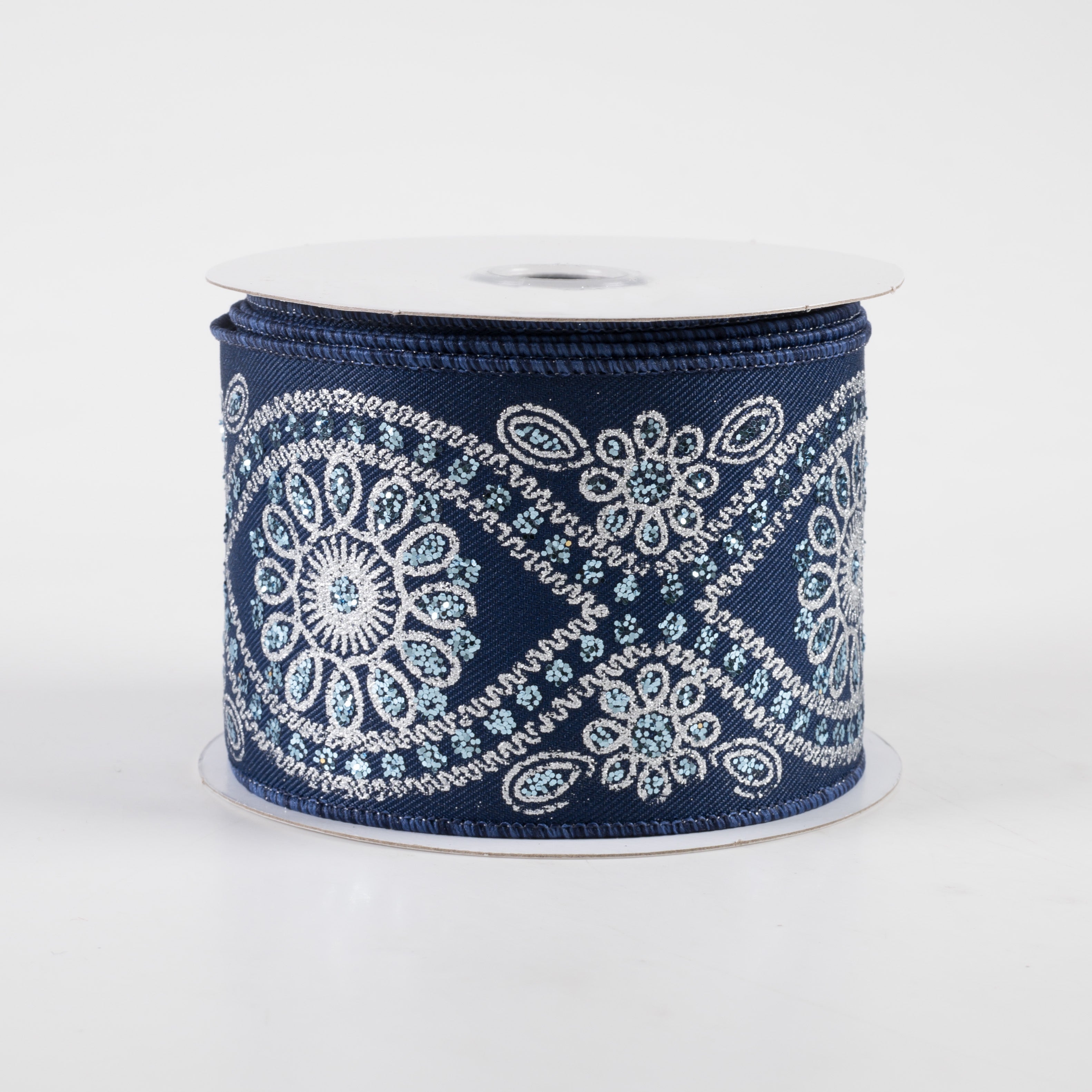2.5" Deluxe Wavy Floral Ribbon: Navy, Silver, Light Blue (10 Yards)