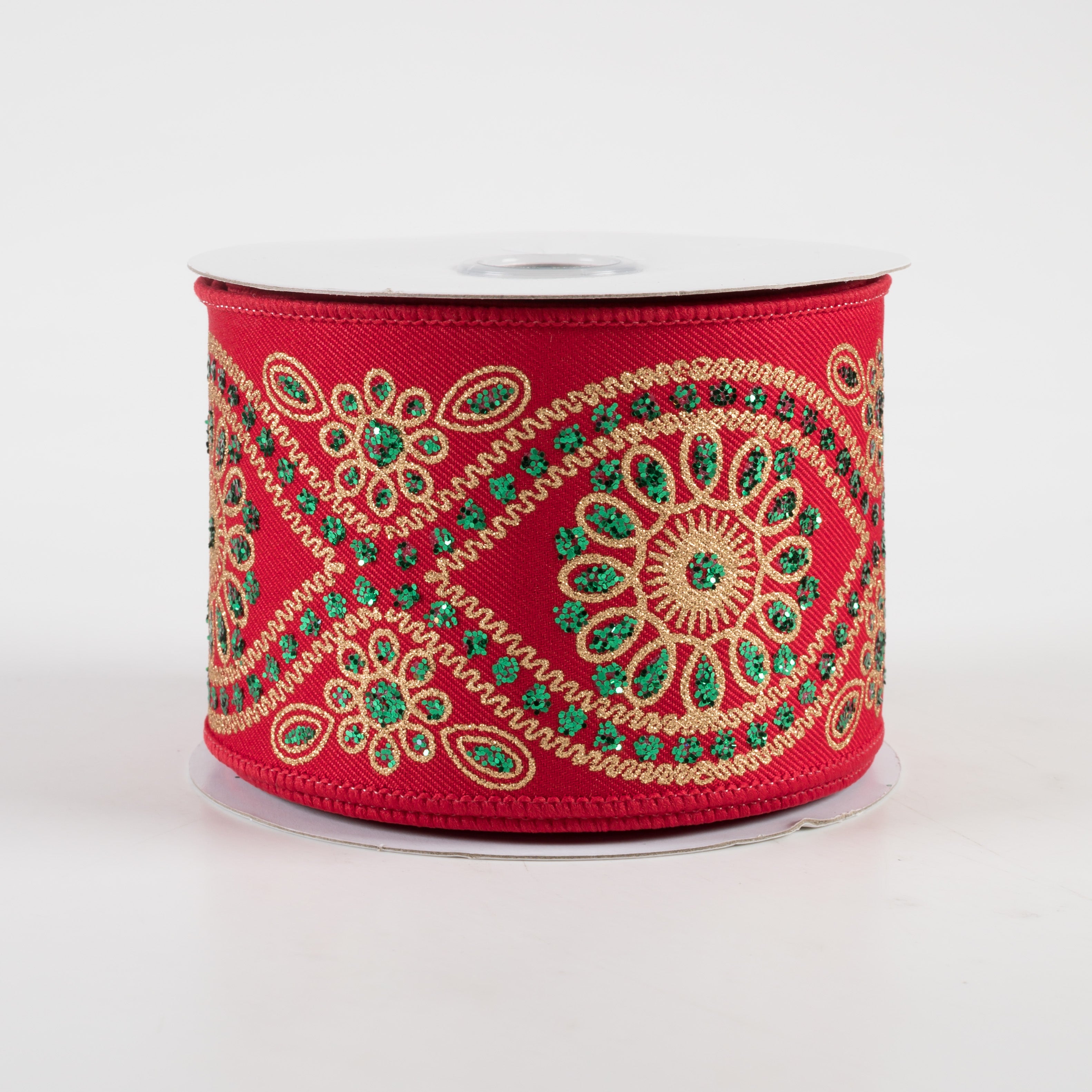 2.5" Deluxe Wavy Floral Ribbon: Red, Emerald, Gold (10 Yards)