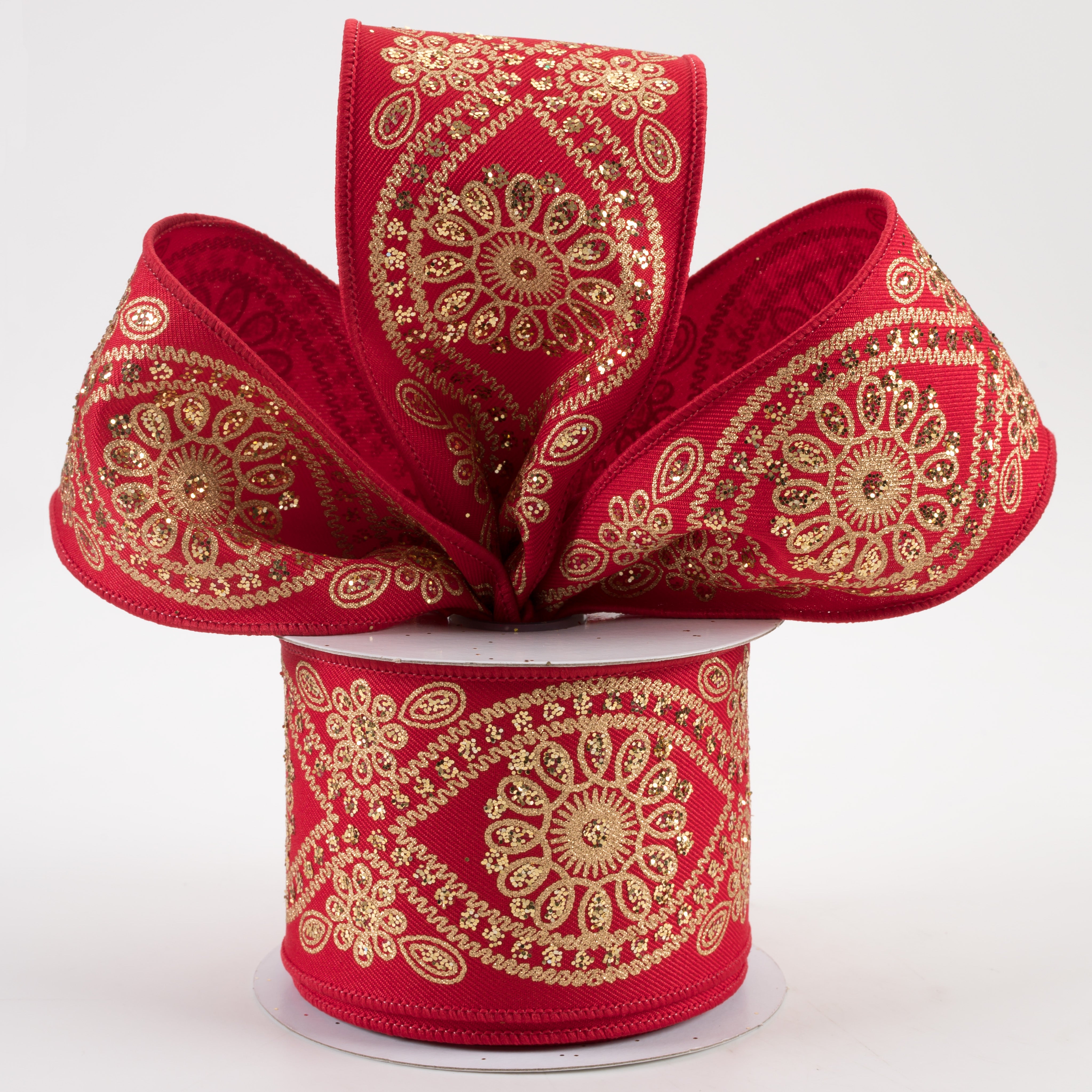2.5" Deluxe Wavy Floral Ribbon: Red & Gold (10 Yards) Lifestyle Photo