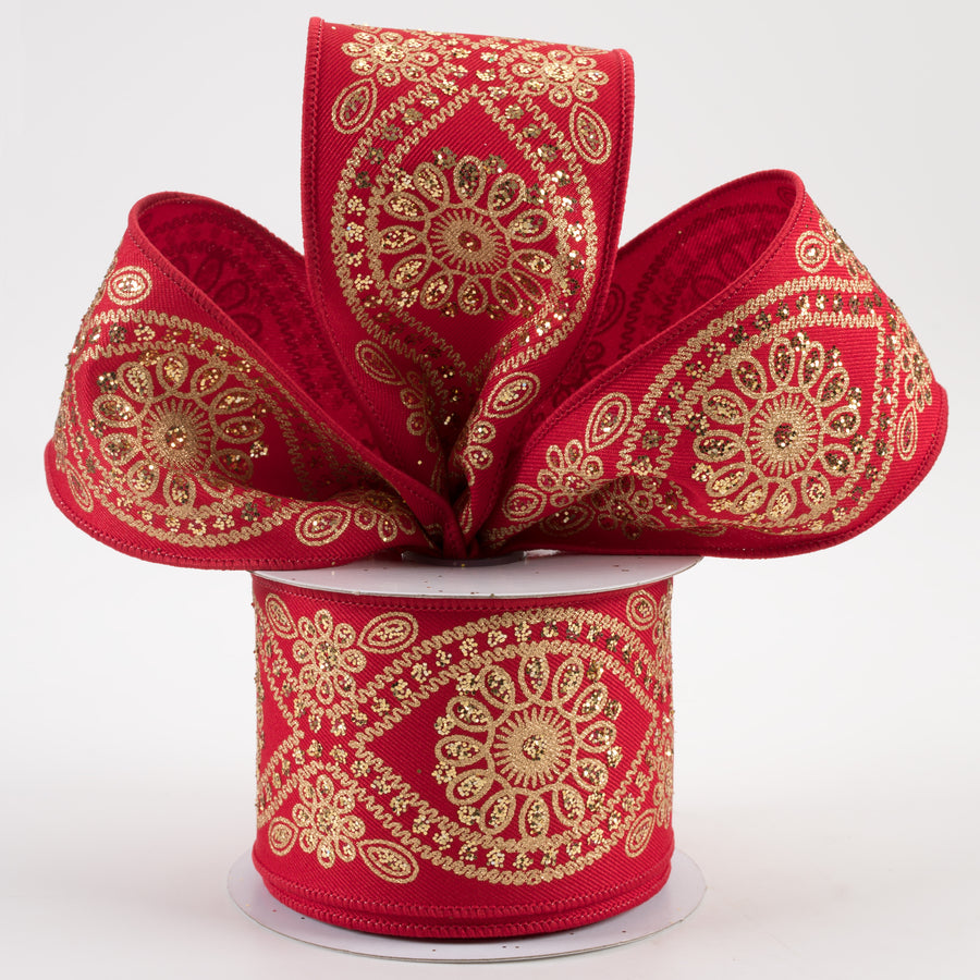 2.5" Deluxe Wavy Floral Ribbon: Red & Gold (10 Yards) Lifestyle Photo