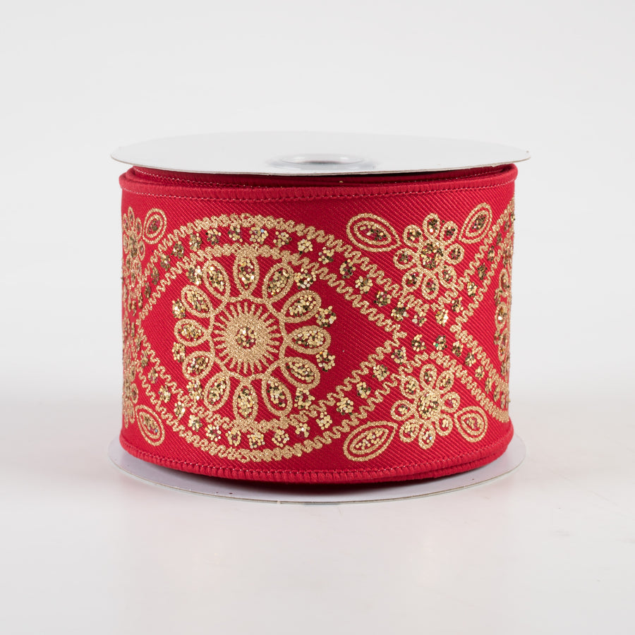 2.5" Deluxe Wavy Floral Ribbon: Red & Gold (10 Yards)