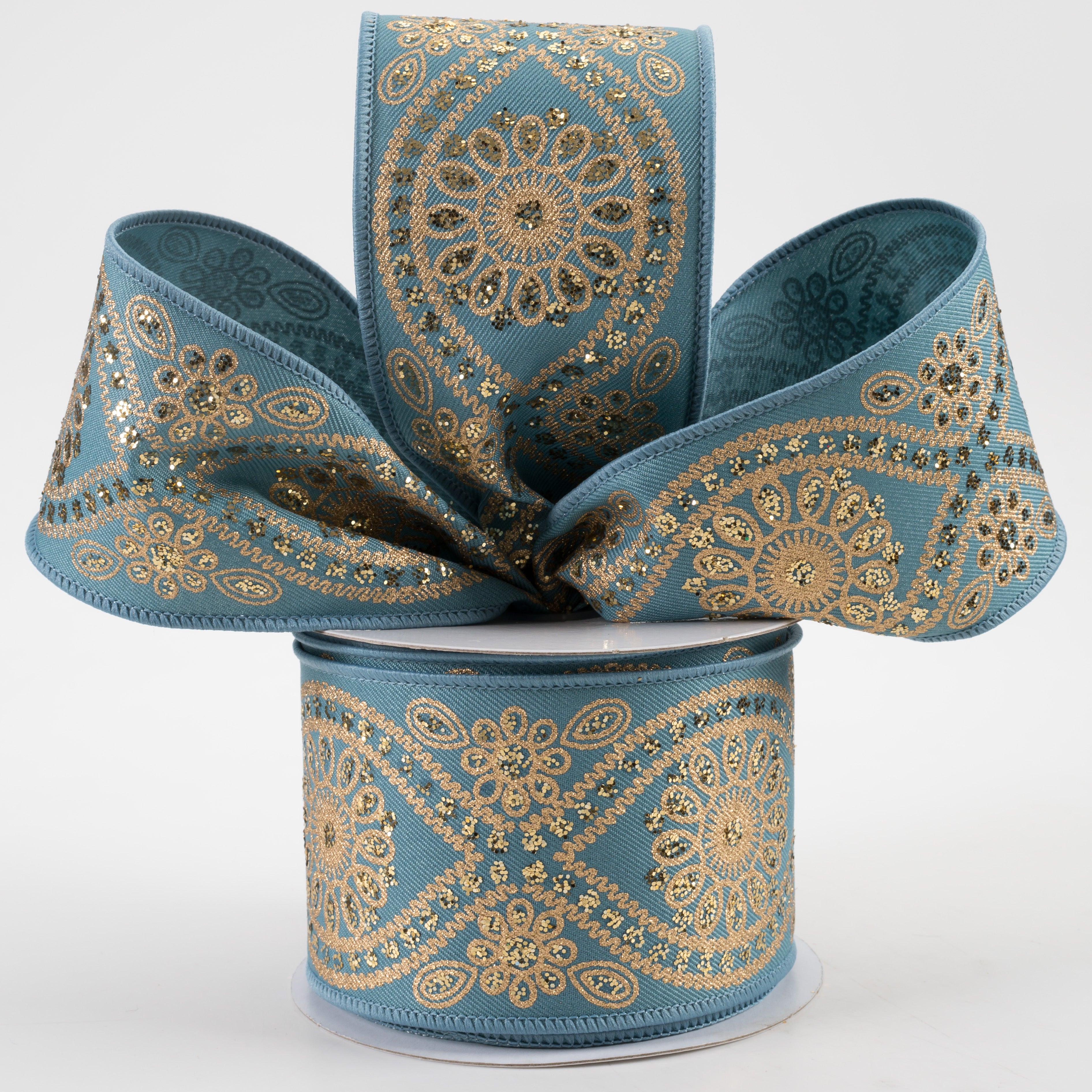 2.5" Deluxe Wavy Floral Ribbon: Smoke Blue & Gold (10 Yards) Lifestyle Photo