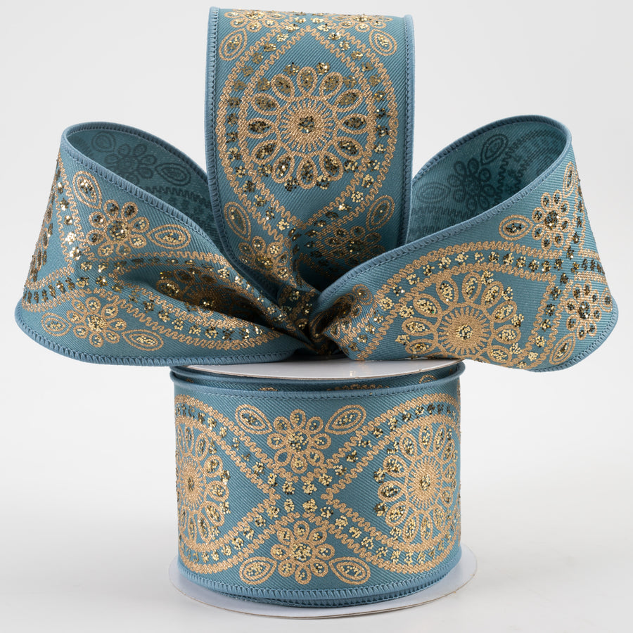 2.5" Deluxe Wavy Floral Ribbon: Smoke Blue & Gold (10 Yards) Lifestyle Photo
