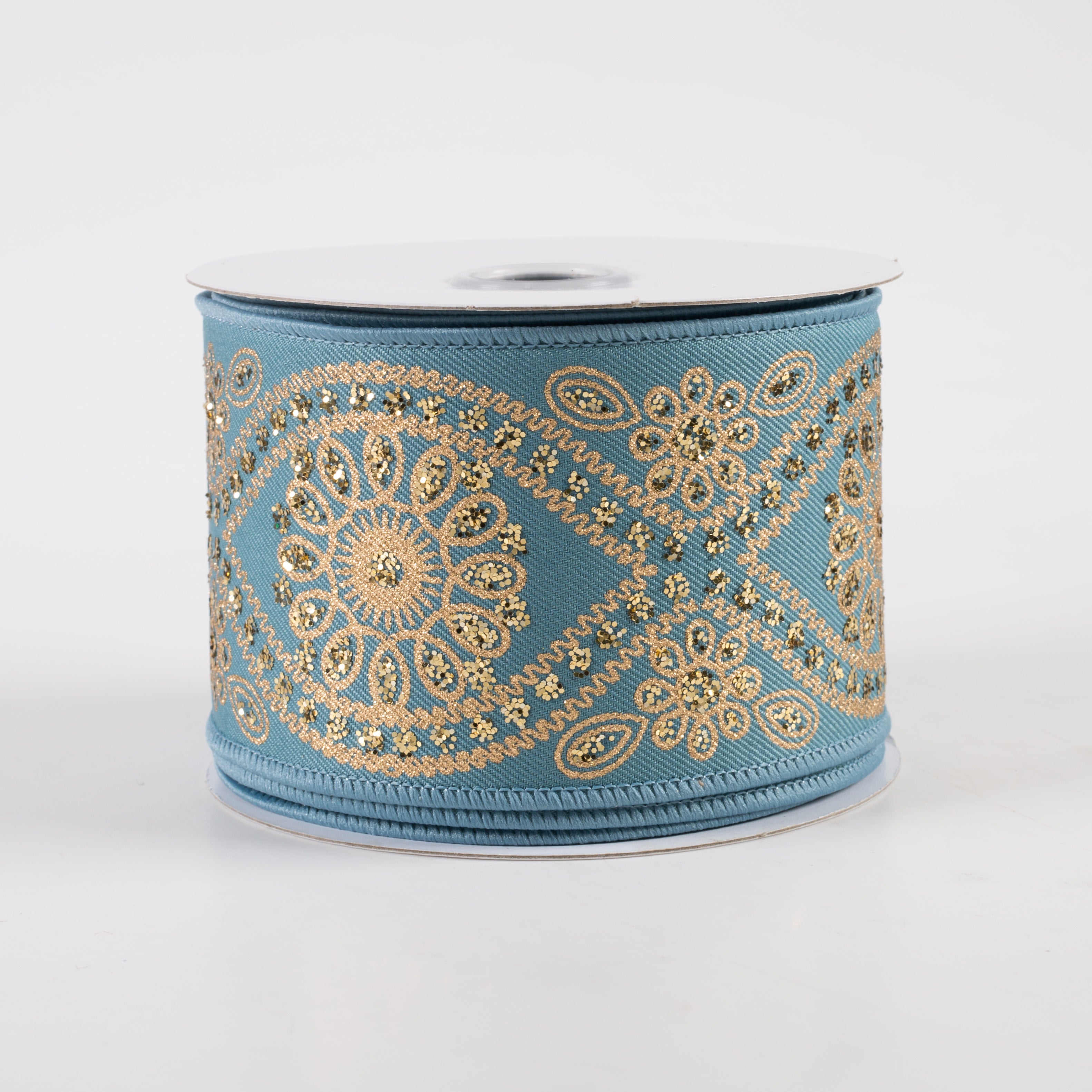 2.5" Deluxe Wavy Floral Ribbon: Smoke Blue & Gold (10 Yards)