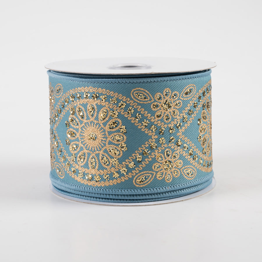 2.5" Deluxe Wavy Floral Ribbon: Smoke Blue & Gold (10 Yards)