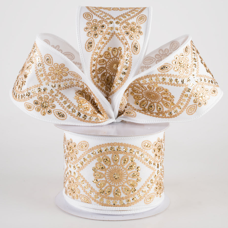 2.5" Deluxe Wavy Floral Ribbon: White & Gold (10 Yards) Lifestyle Photo