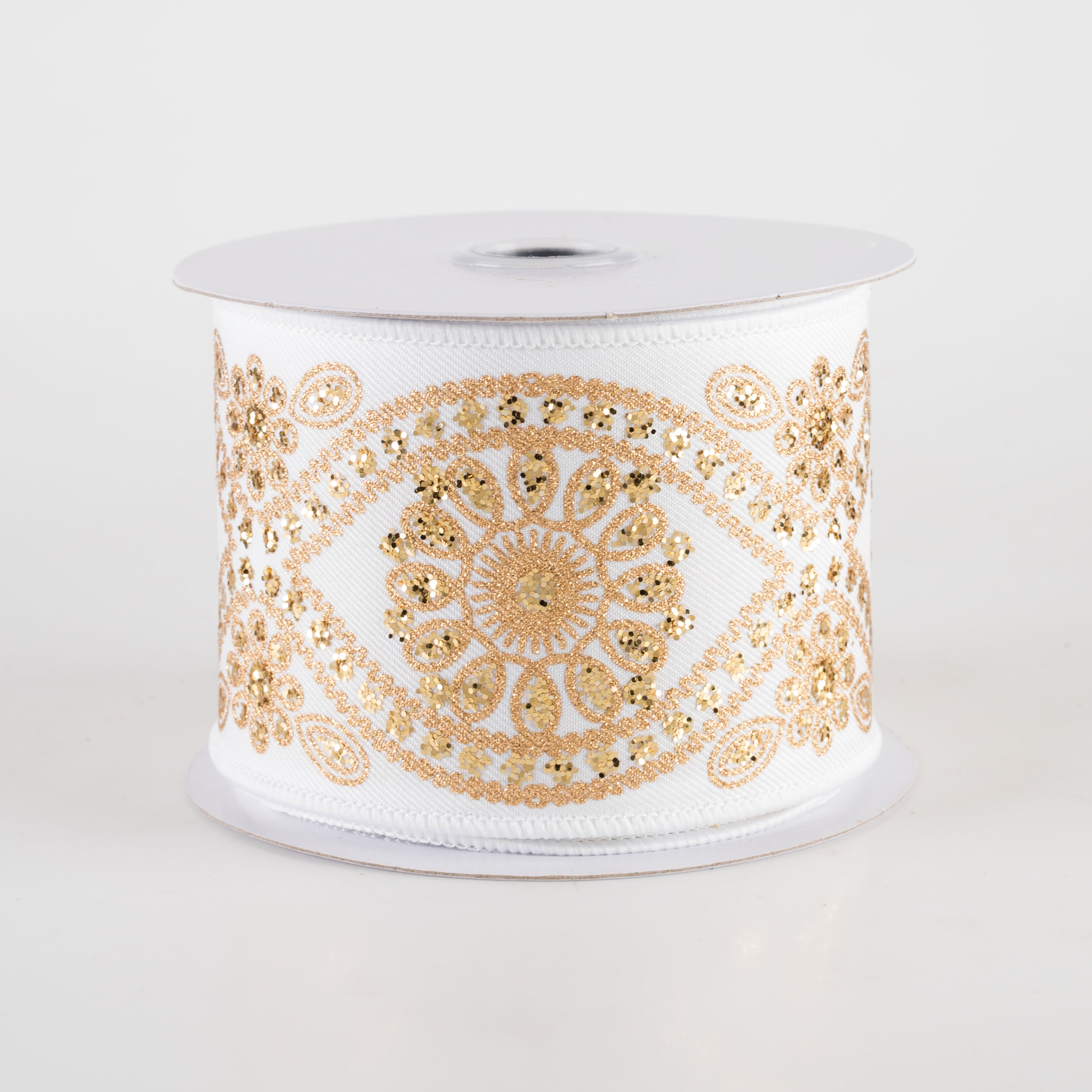 2.5" Deluxe Wavy Floral Ribbon: White & Gold (10 Yards)