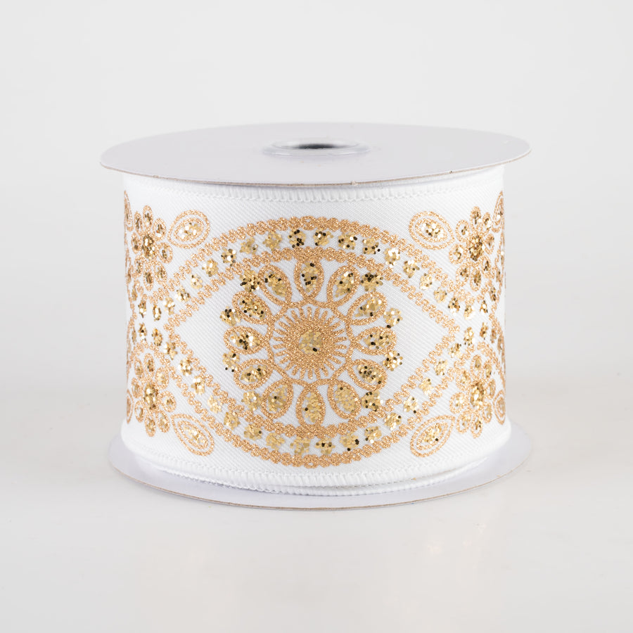 2.5" Deluxe Wavy Floral Ribbon: White & Gold (10 Yards)