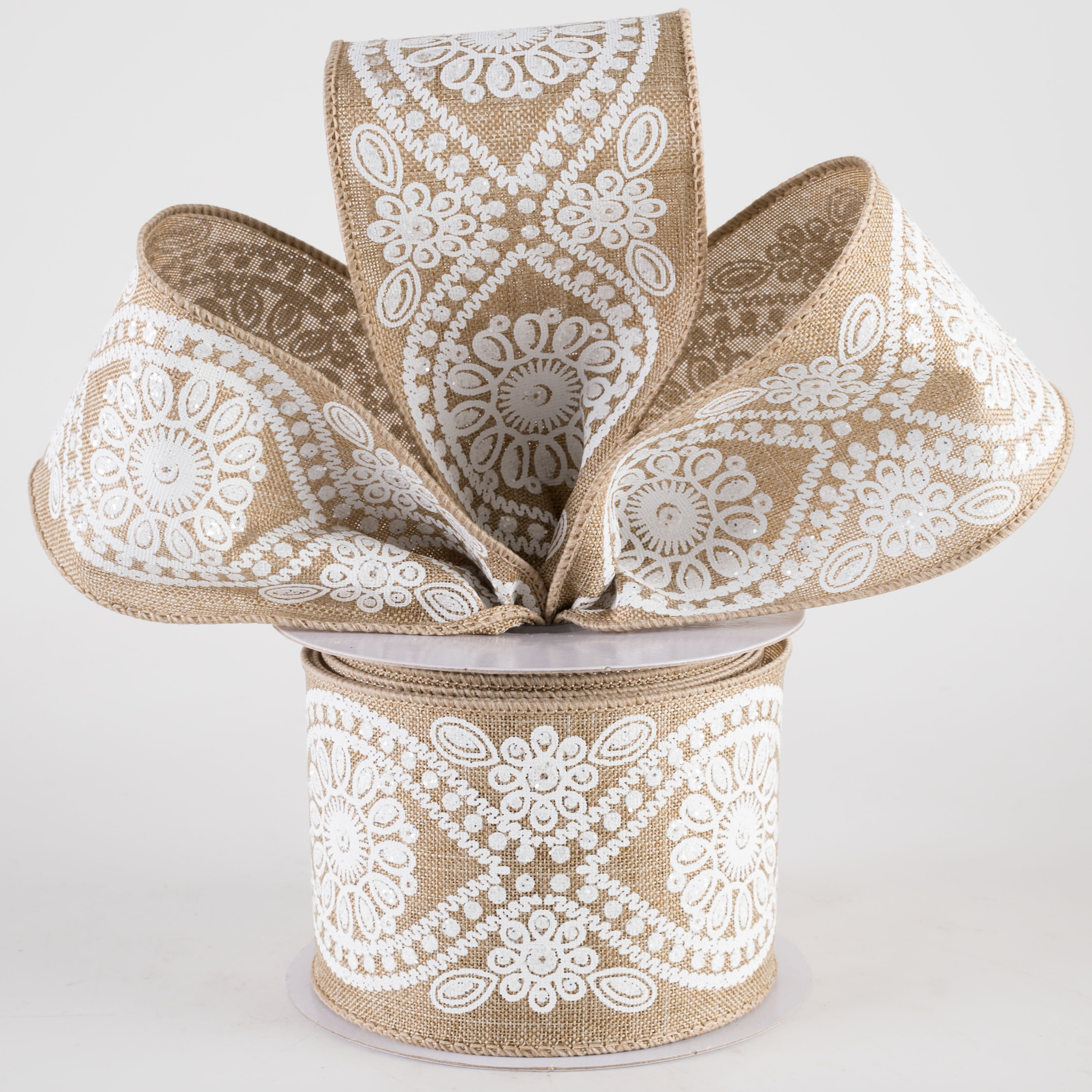 2.5" Deluxe Wavy Floral Ribbon: White on Light Beige (10 Yards) Lifestyle Photo