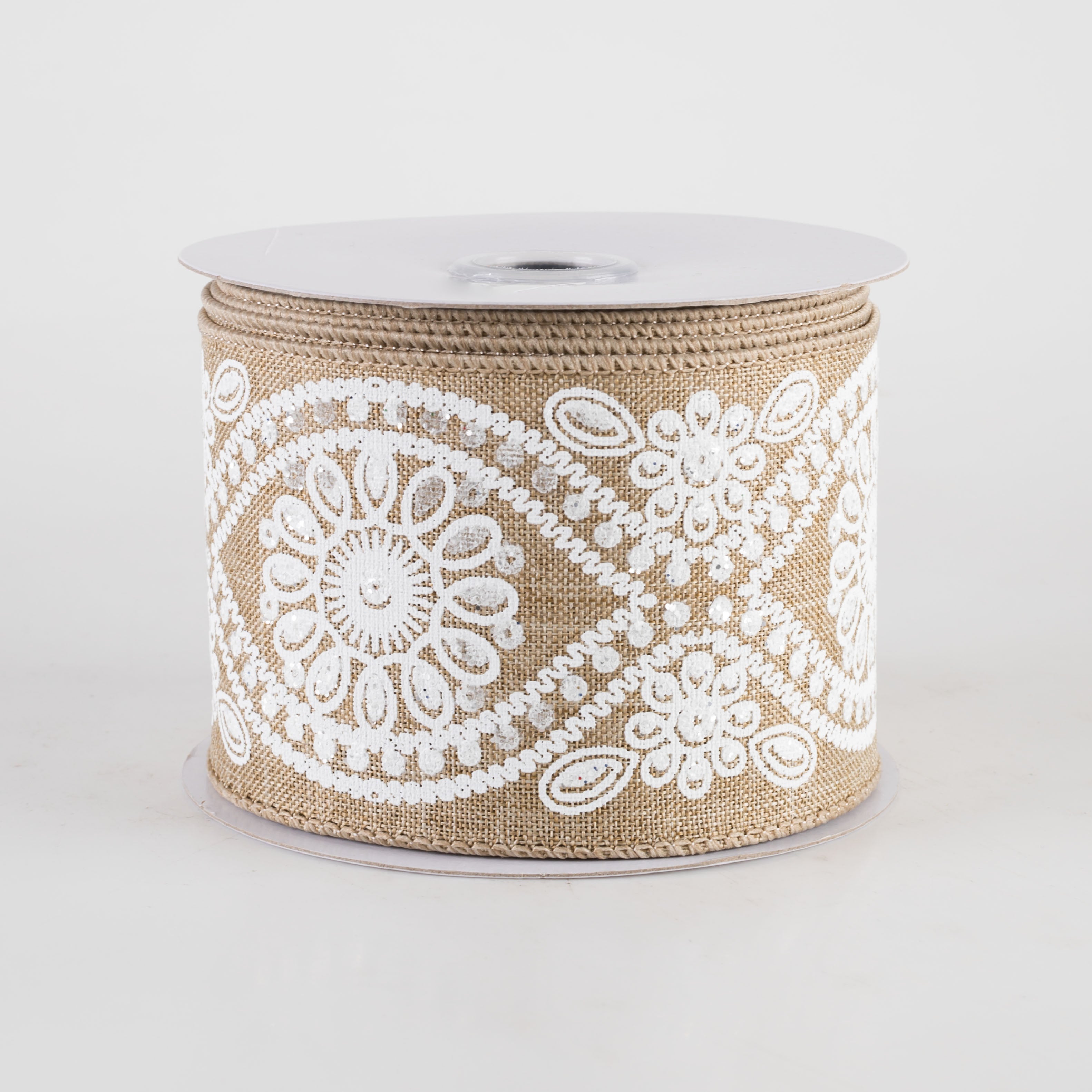 2.5" Deluxe Wavy Floral Ribbon: White on Light Beige (10 Yards)
