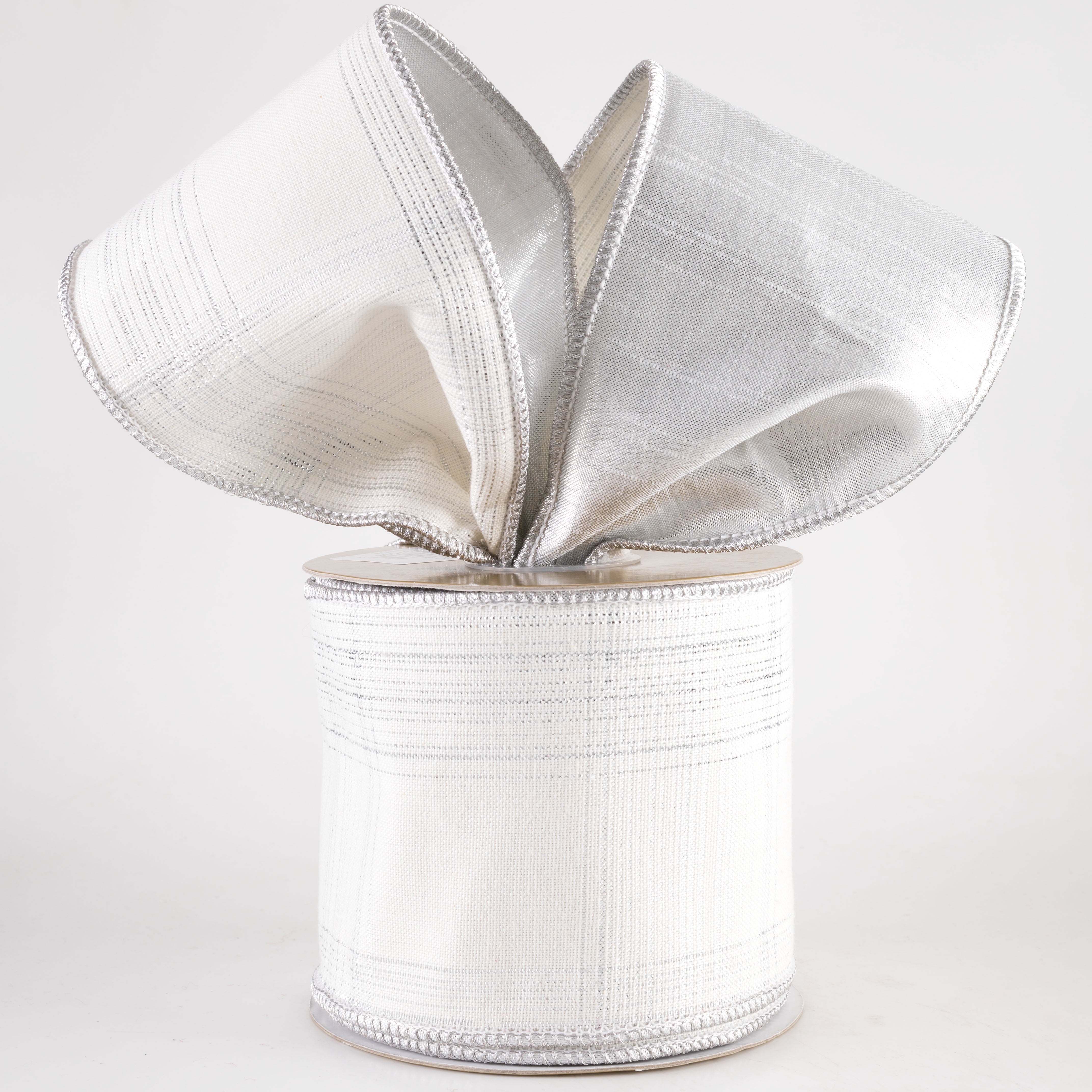 4" Designer Double Sided Plaid Ribbon: Ivory & Platinum (10 Yards) Lifestyle Photo