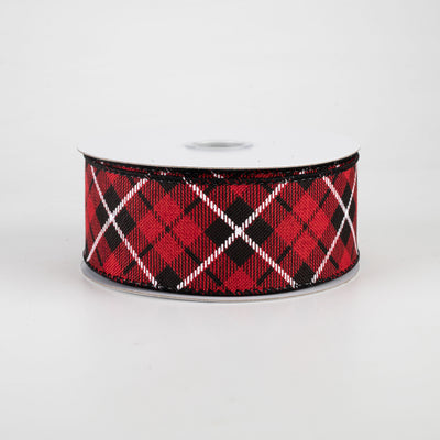 1.5" Diagonal Argyle Plaid Ribbon: Red, Black, White (10 Yards)