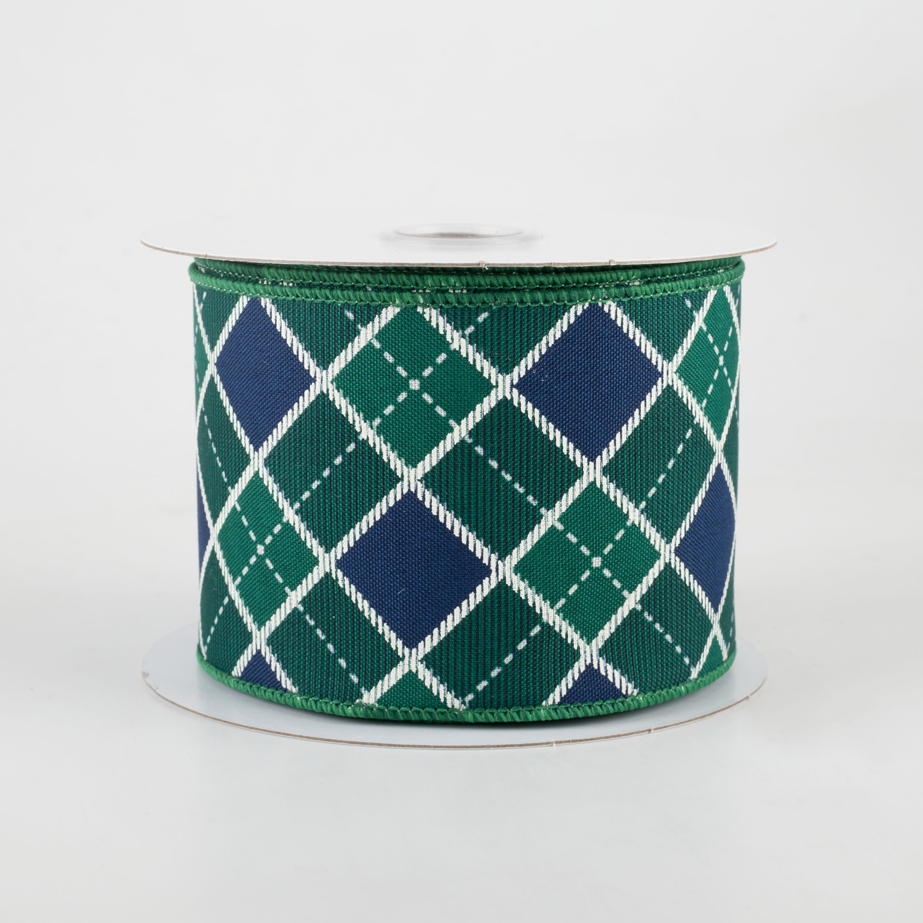 2.5" Diagonal Bonnie Check Ribbon: Green & Navy (10 Yards)