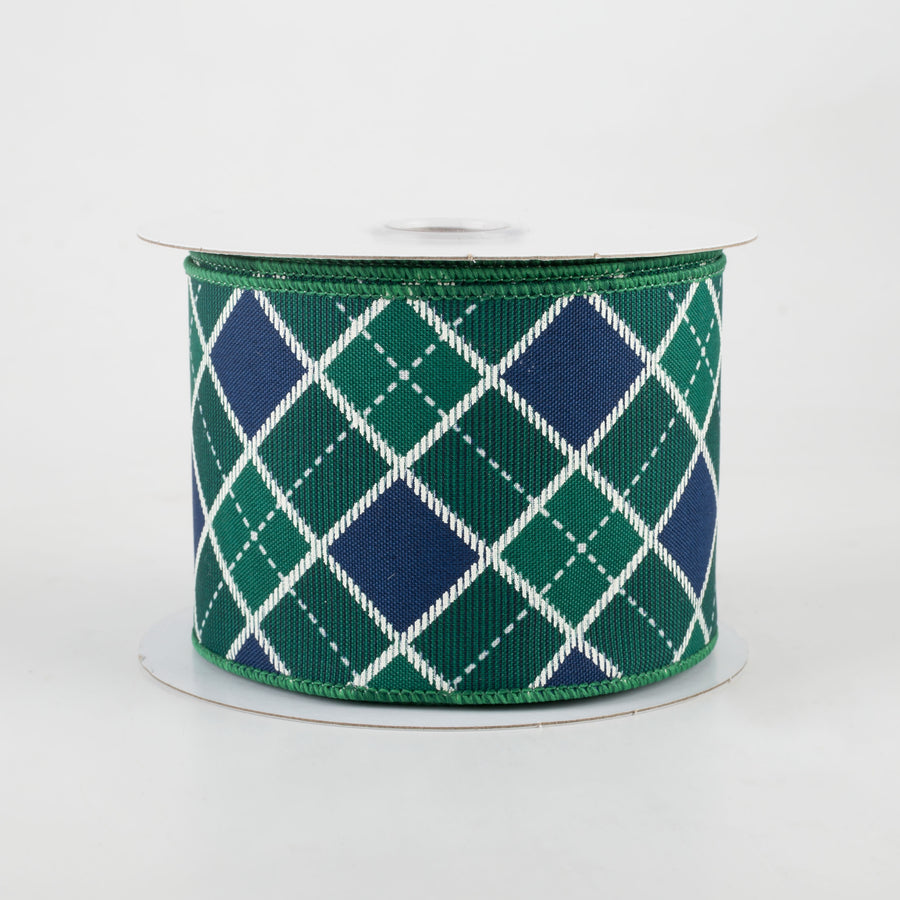 2.5" Diagonal Bonnie Check Ribbon: Green & Navy (10 Yards)