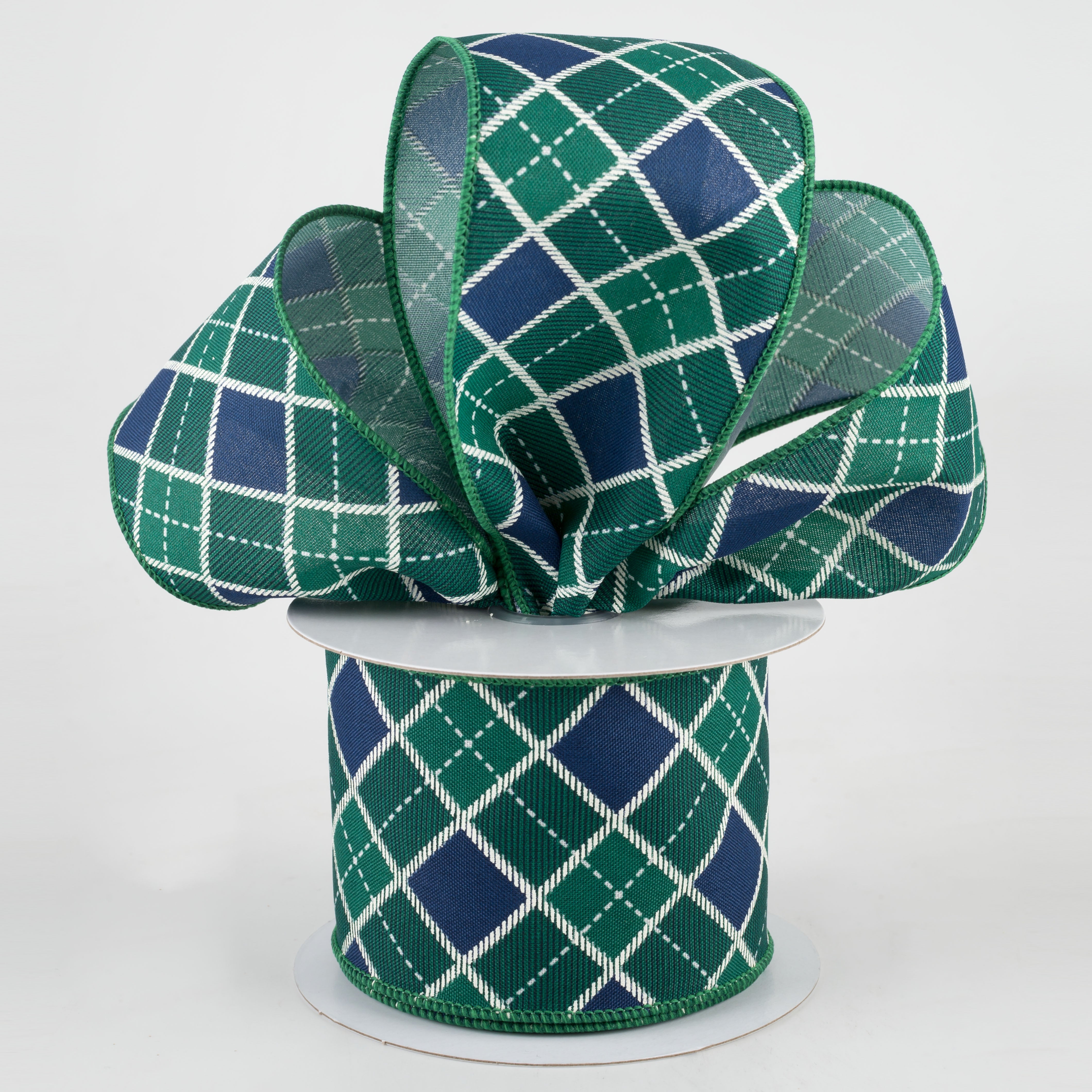 2.5" Diagonal Bonnie Check Ribbon: Green & Navy (10 Yards) Lifestyle Photo