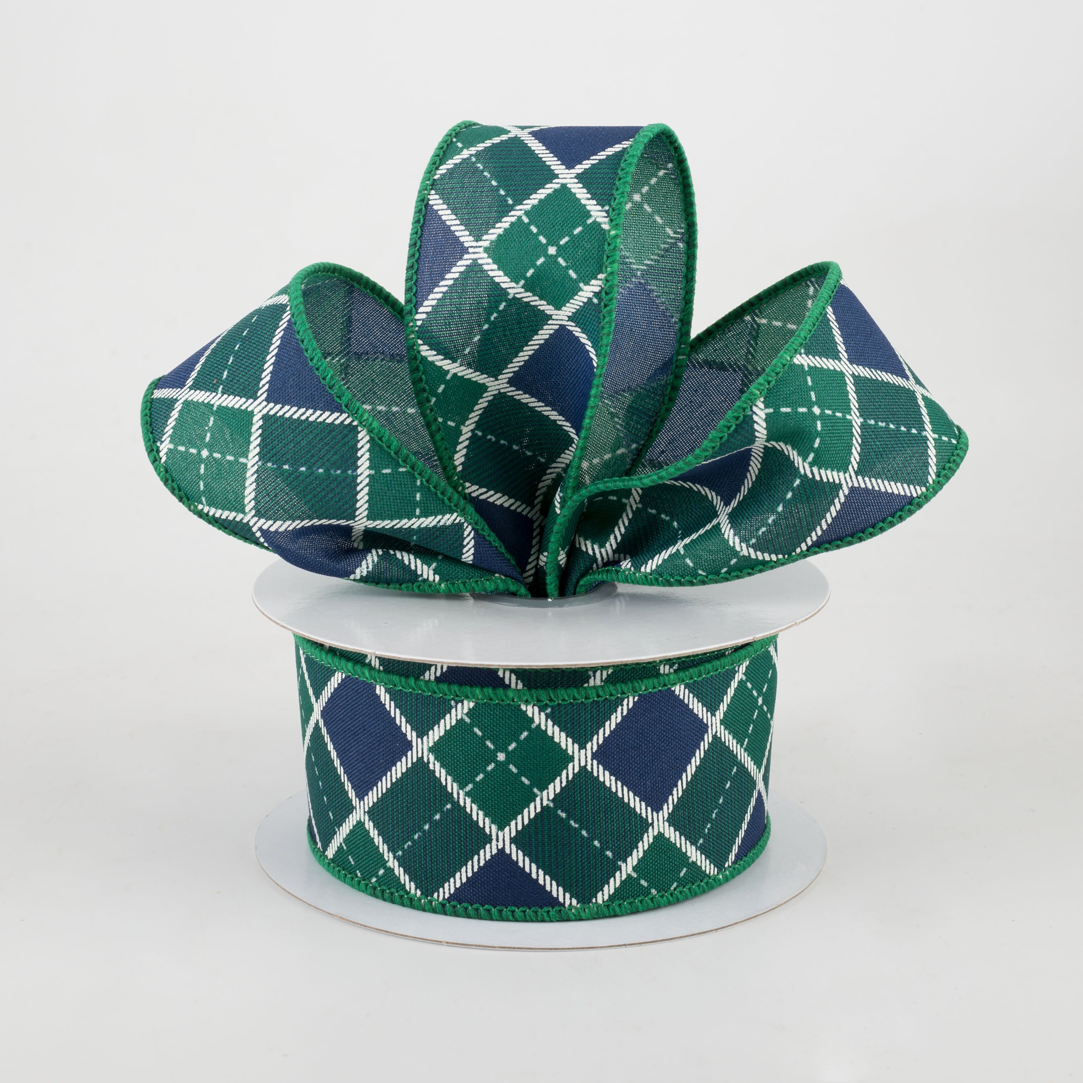 1.5" Diagonal Bonnie Check Ribbon: Green & Navy (10 Yards) Lifestyle Photo