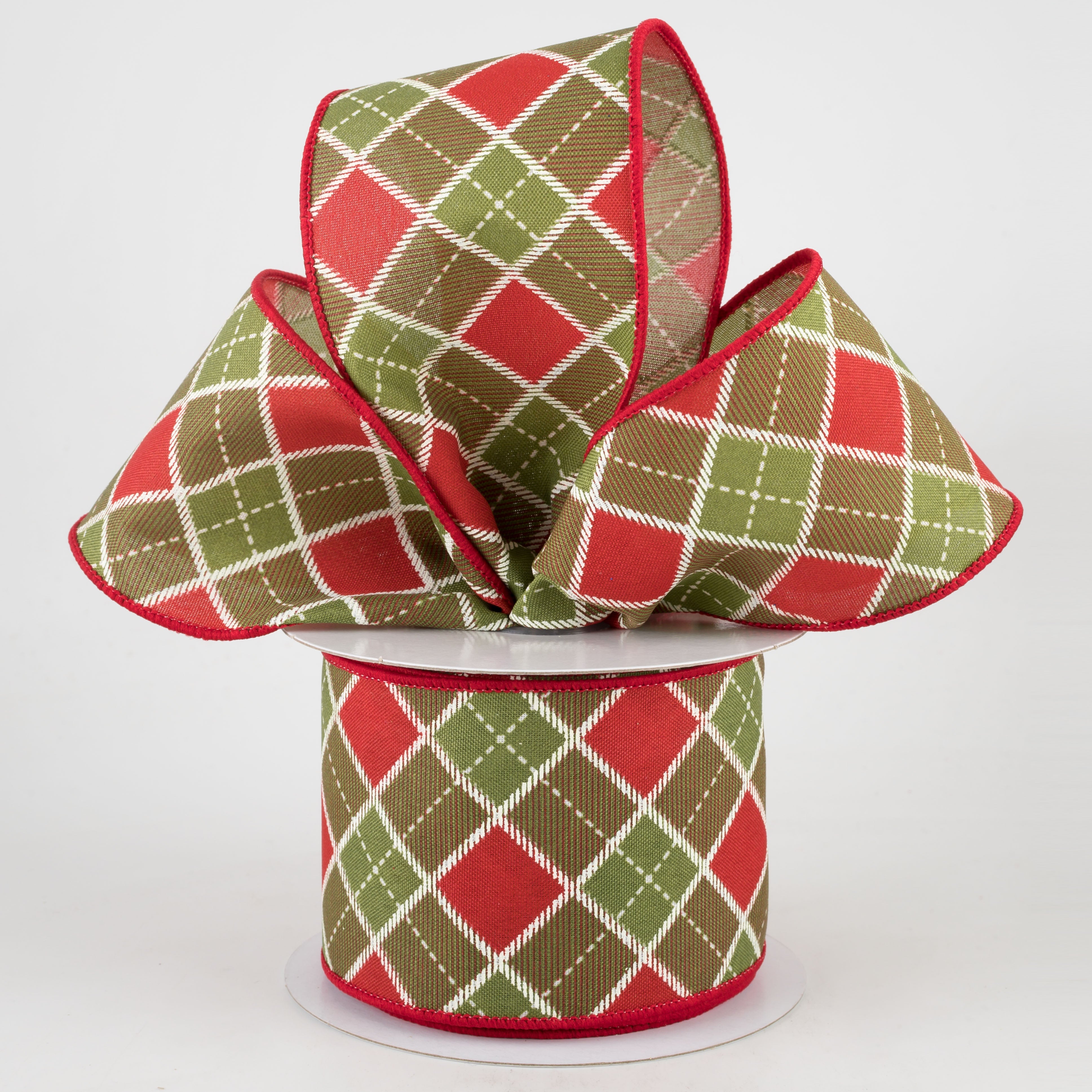 2.5" Diagonal Bonnie Check Ribbon: Moss & Red (10 Yards) Lifestyle Photo
