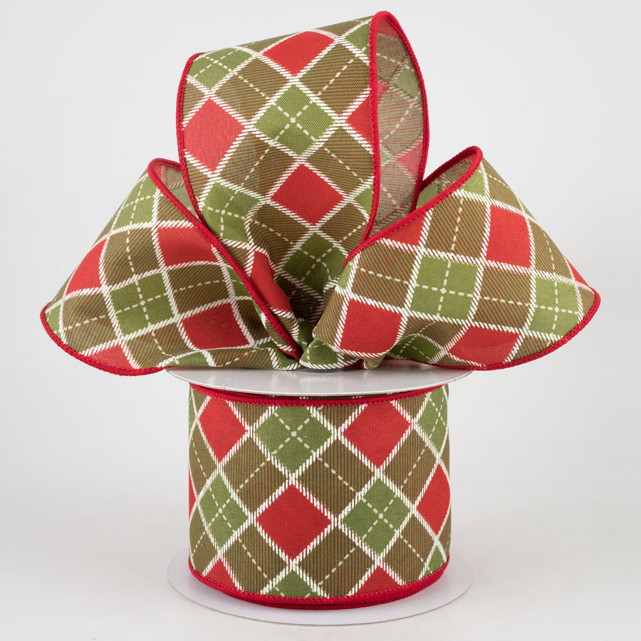 2.5" Diagonal Bonnie Check Ribbon: Moss & Red (10 Yards) Lifestyle Photo