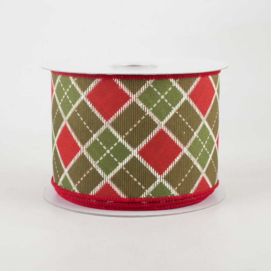 2.5" Diagonal Bonnie Check Ribbon: Moss & Red (10 Yards)