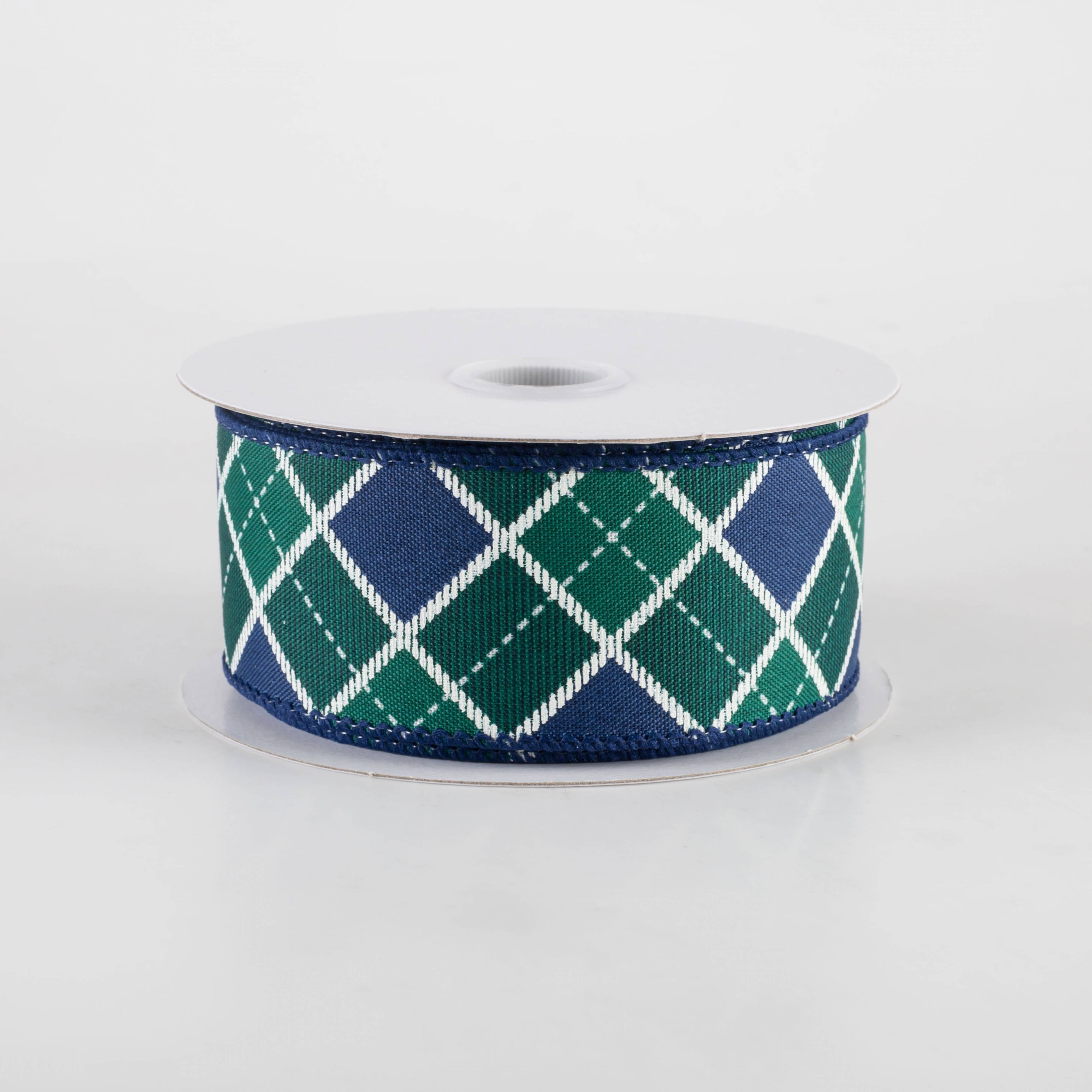 1.5" Diagonal Bonnie Check Ribbon: Navy, Green & White (10 Yards) Item Number: 71470-09-07