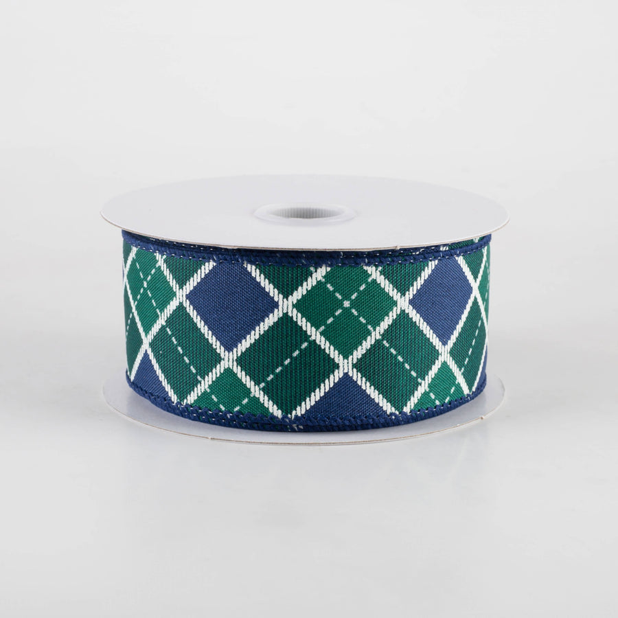 1.5" Diagonal Bonnie Check Ribbon: Navy, Green & White (10 Yards) Item Number: 71470-09-07