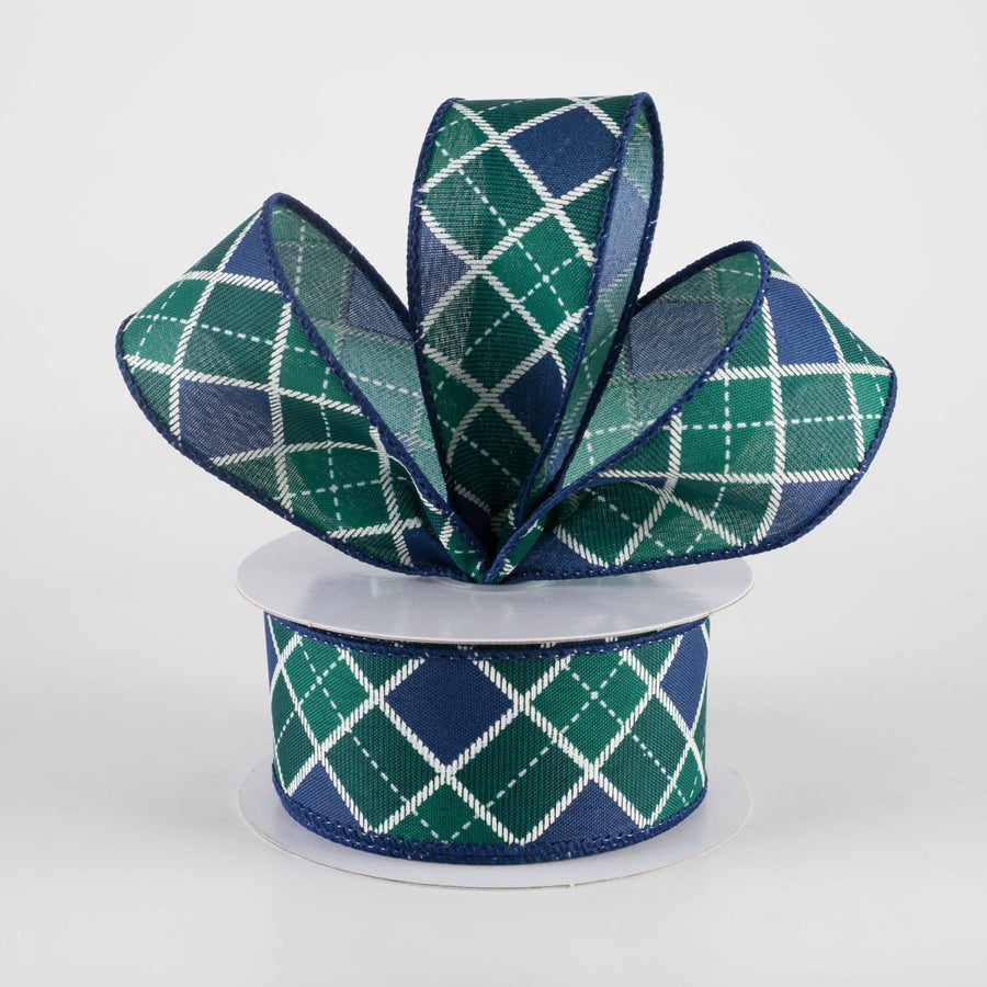 1.5" Diagonal Bonnie Check Ribbon: Navy, Green & White (10 Yards) Lifestyle Photo