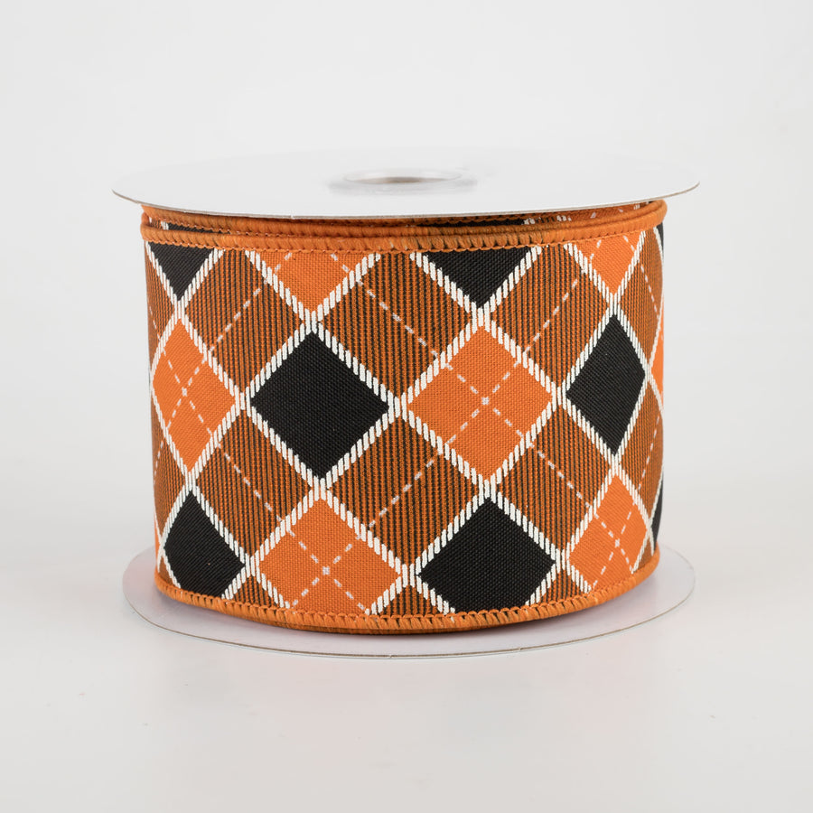2.5" Diagonal Bonnie Check Ribbon: Orange, Black, White (10 Yards)
