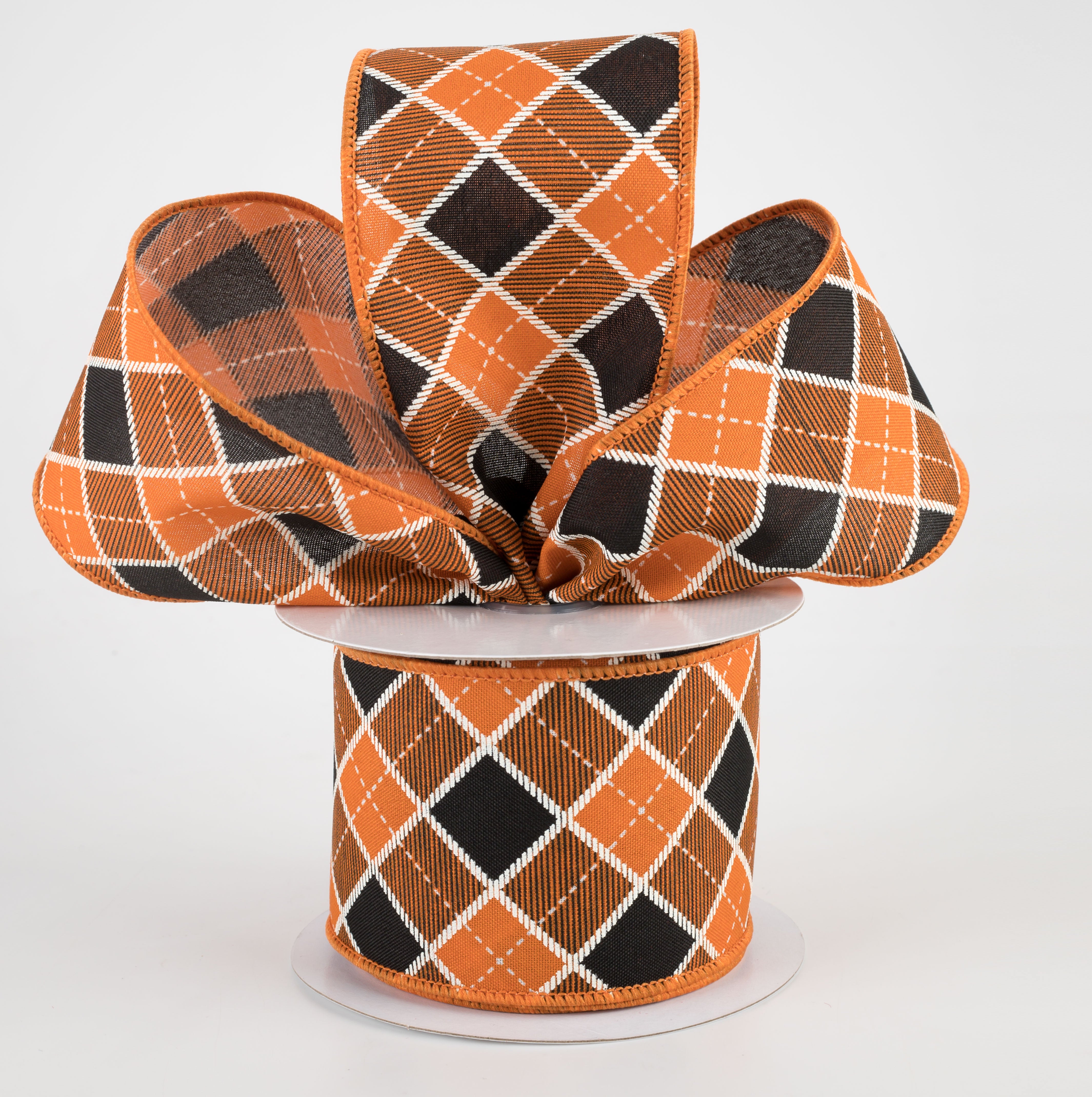 2.5" Diagonal Bonnie Check Ribbon: Orange, Black, White (10 Yards) Lifestyle Photo