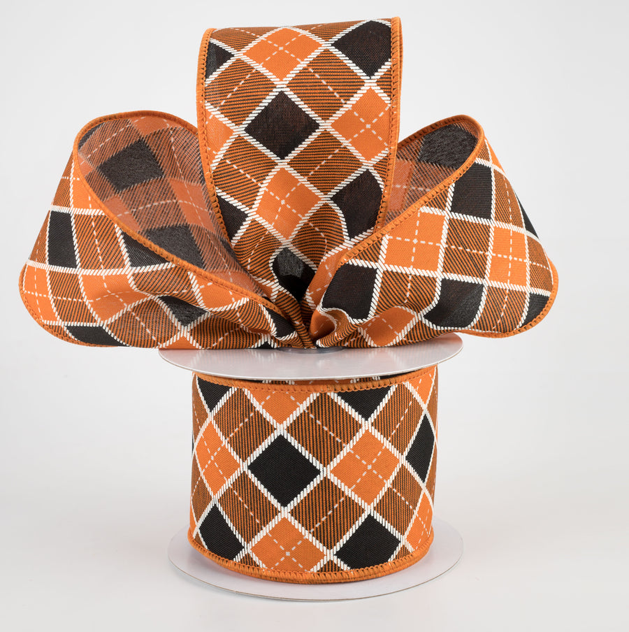 2.5" Diagonal Bonnie Check Ribbon: Orange, Black, White (10 Yards) Lifestyle Photo