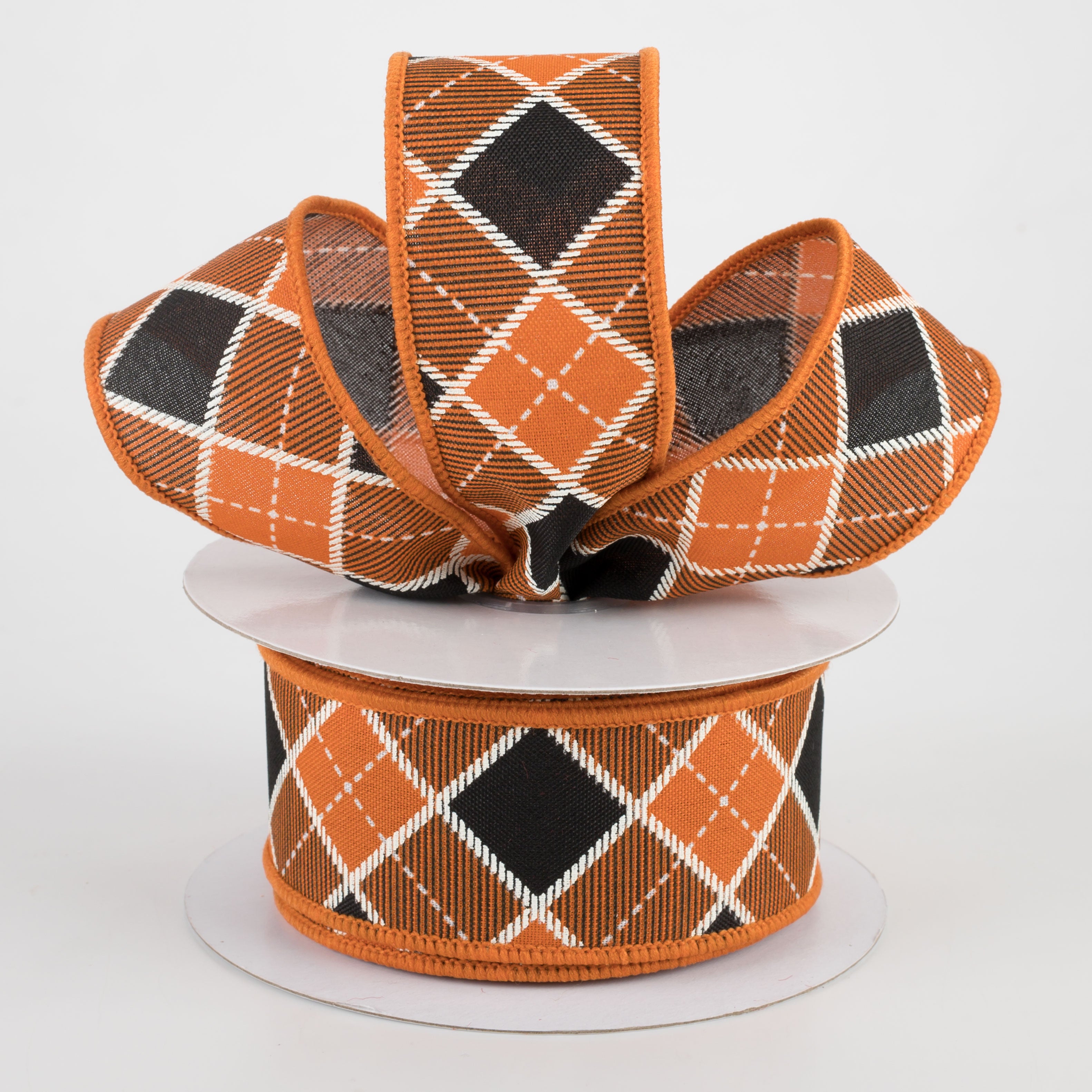 1.5" Diagonal Bonnie Check Ribbon: Orange, Black, White (10 Yards) Lifestyle Photo