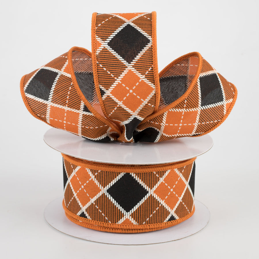 1.5" Diagonal Bonnie Check Ribbon: Orange, Black, White (10 Yards) Lifestyle Photo