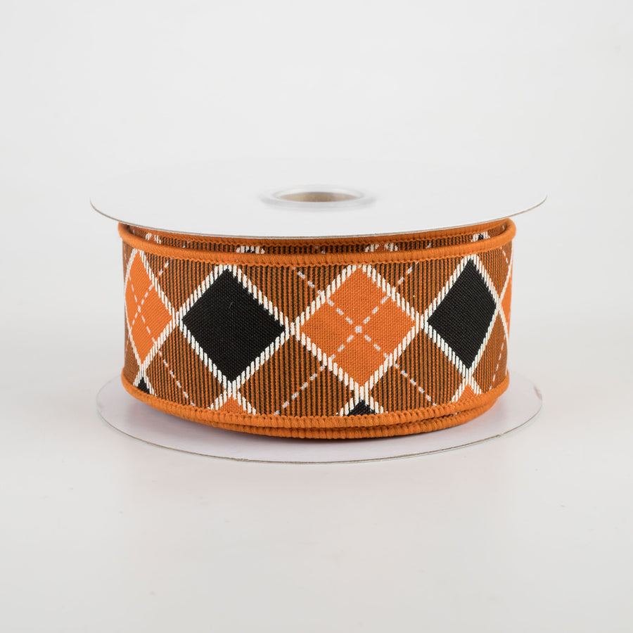 1.5" Diagonal Bonnie Check Ribbon: Orange, Black, White (10 Yards)