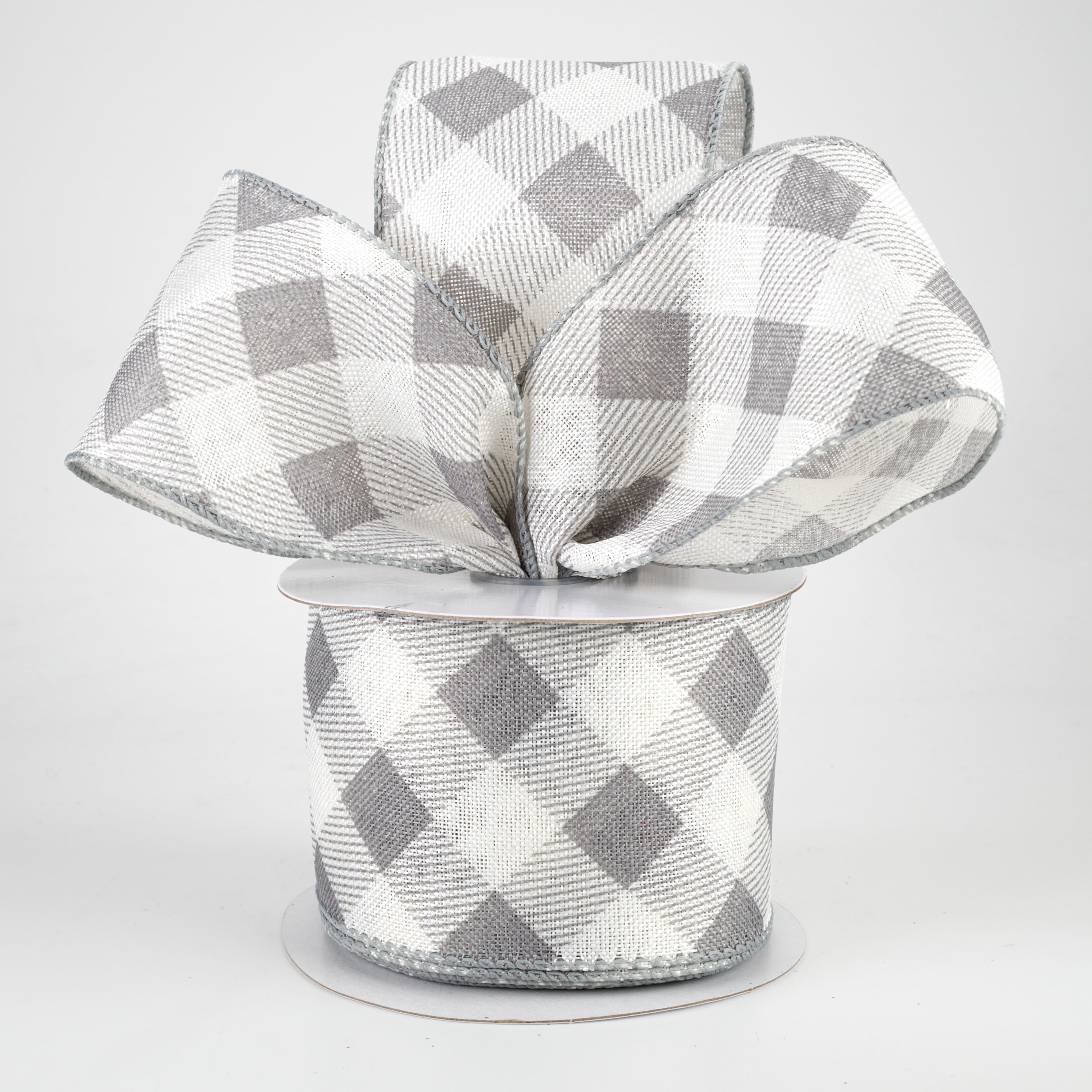 2.5" Diagonal Buffalo Plaid Ribbon: Grey & White (10 Yards) Lifestyle Photo
