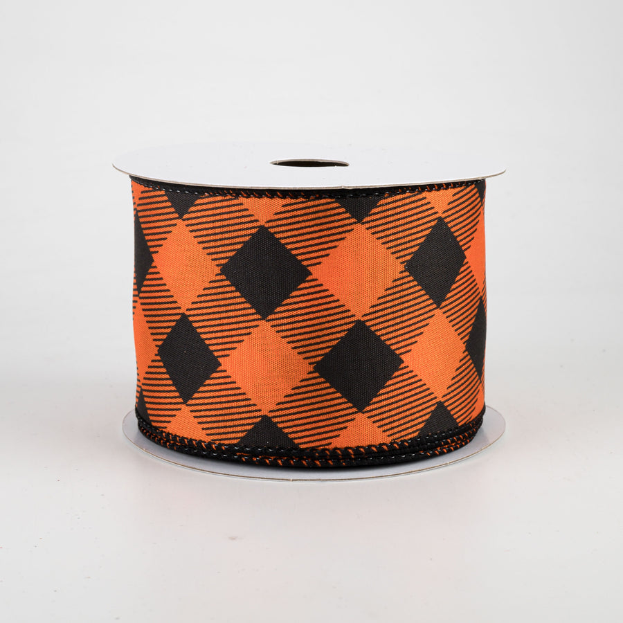 2.5" Diagonal Buffalo Plaid Ribbon: Orange & Black (10 Yards)