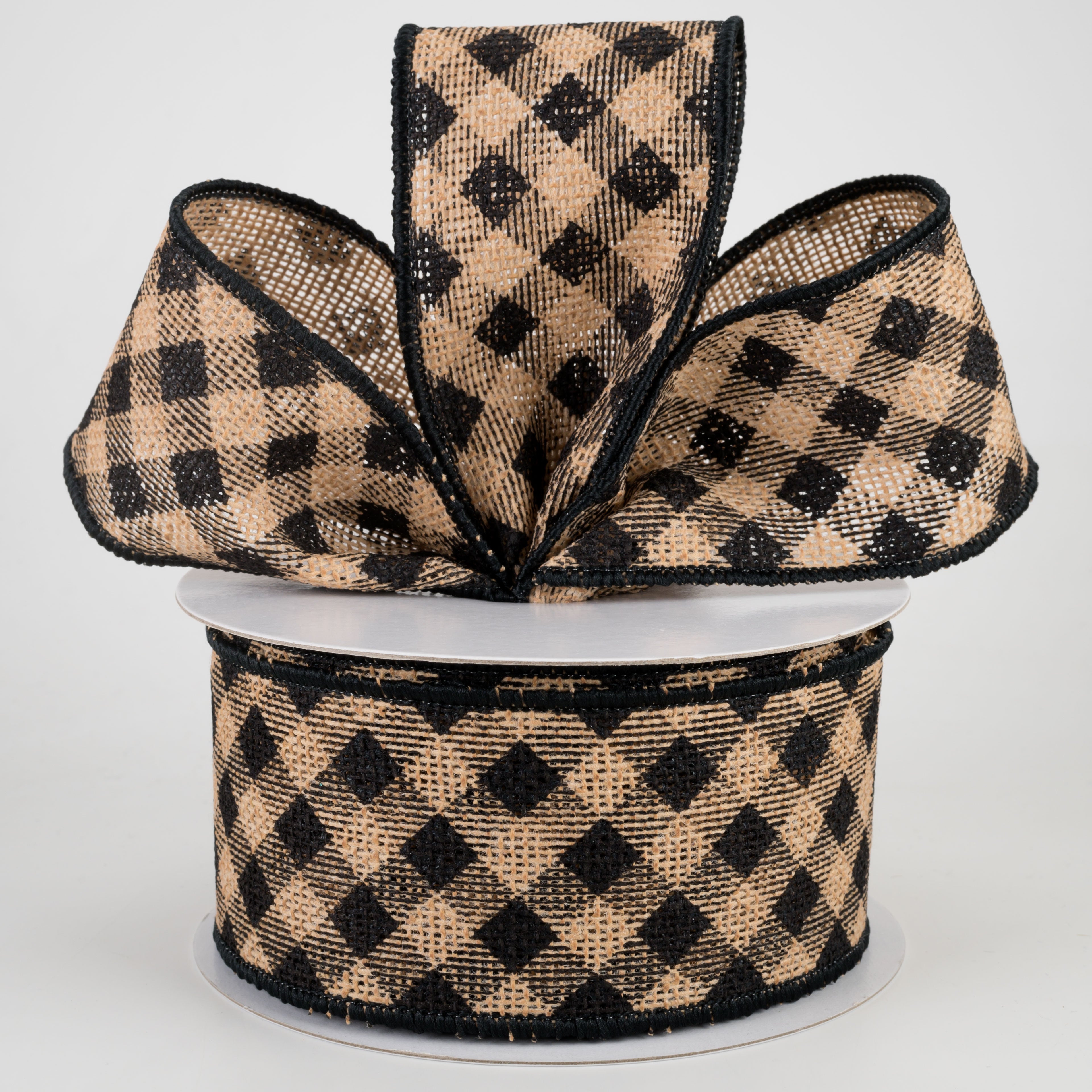 2.5" Diagonal Check Faux Burlap Ribbon: Natural & Black (10 Yards) Lifestyle Photo