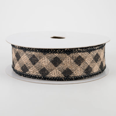 1.5" Diagonal Check Faux Burlap Ribbon: Natural & Black (10 Yards)