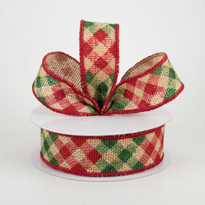 1.5" Diagonal Check Faux Burlap Ribbon: Natural, Red, Emerald (10 Yards) Lifestyle Photo