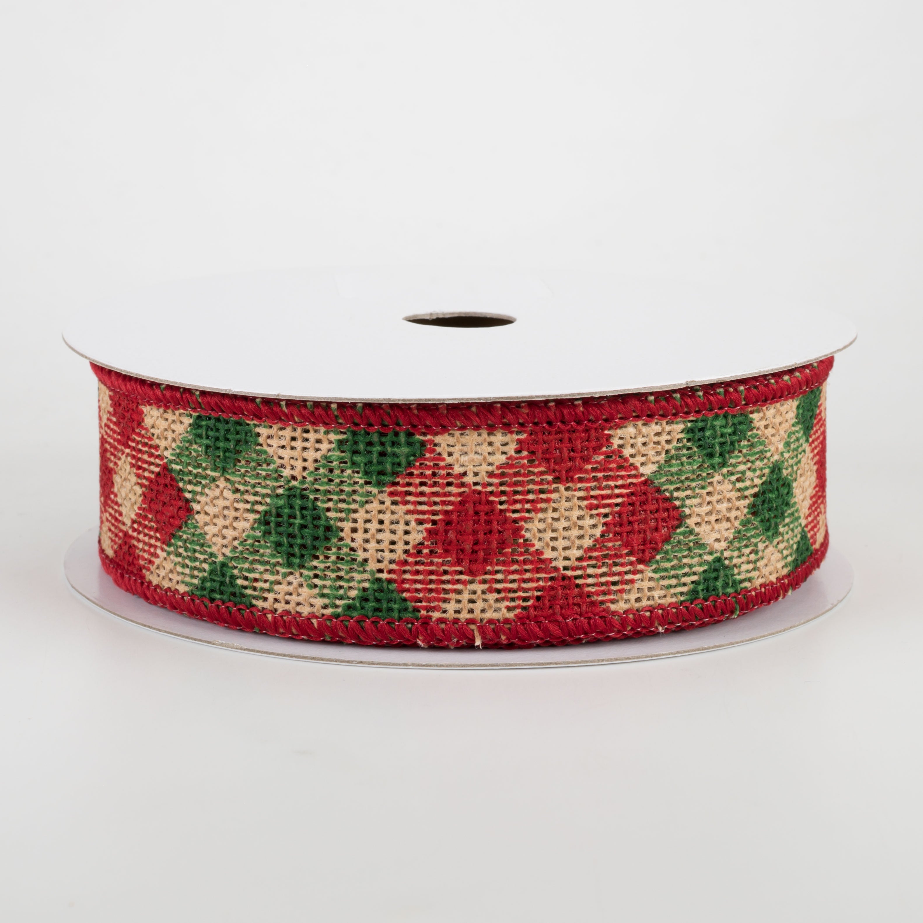 1.5" Diagonal Check Faux Burlap Ribbon: Natural, Red, Emerald (10 Yards)