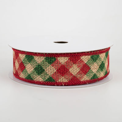 1.5" Diagonal Check Faux Burlap Ribbon: Natural, Red, Emerald (10 Yards)