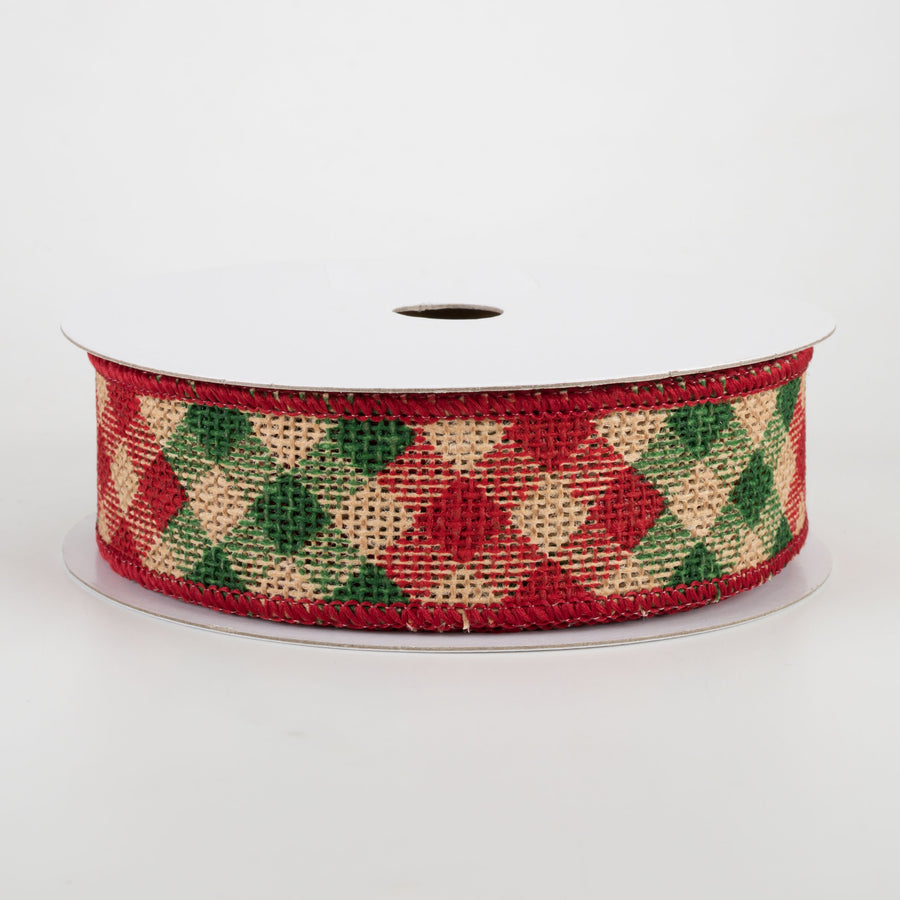 1.5" Diagonal Check Faux Burlap Ribbon: Natural, Red, Emerald (10 Yards)