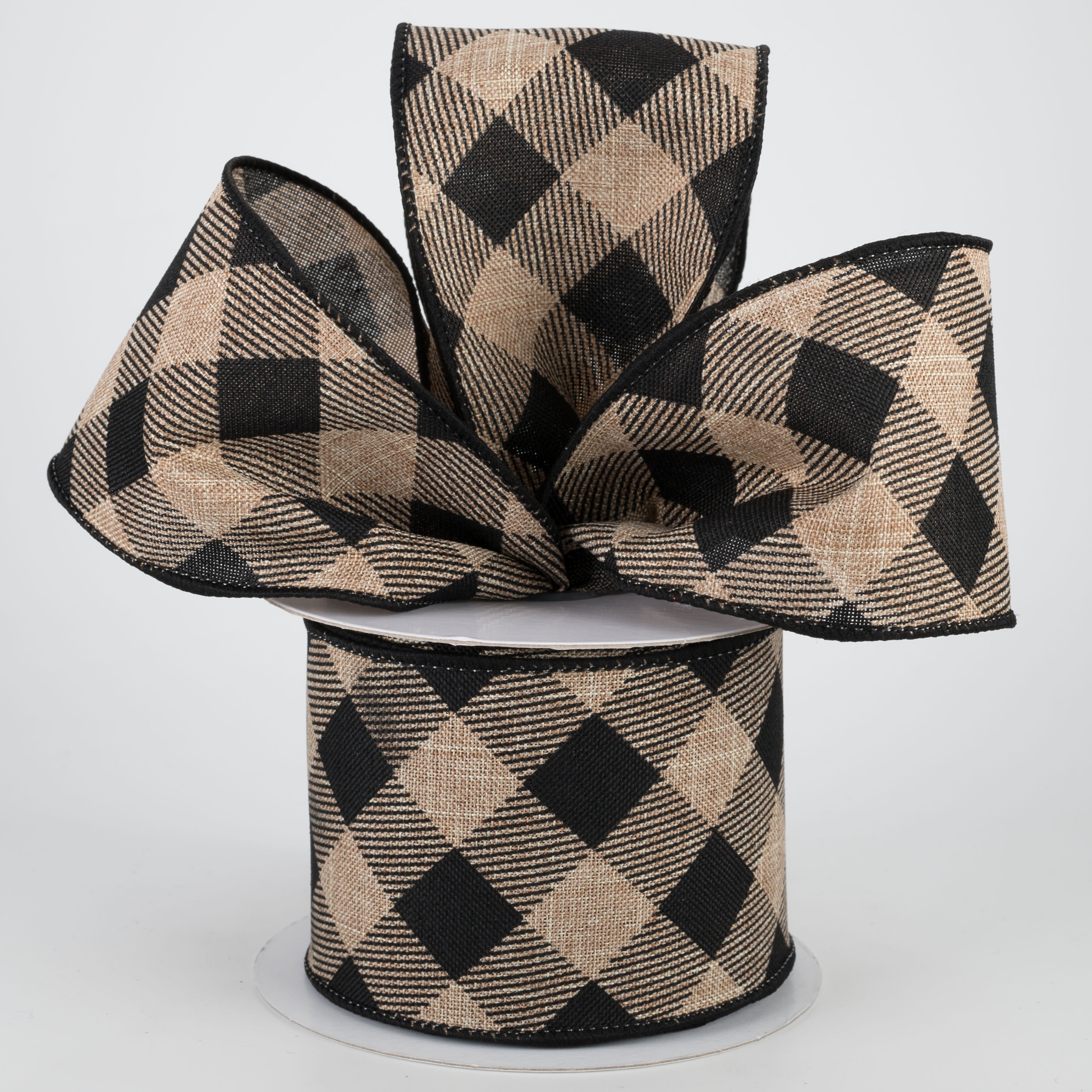 2.5" Diagonal Check Ribbon: Beige & Black (10 Yards) Lifestyle Photo