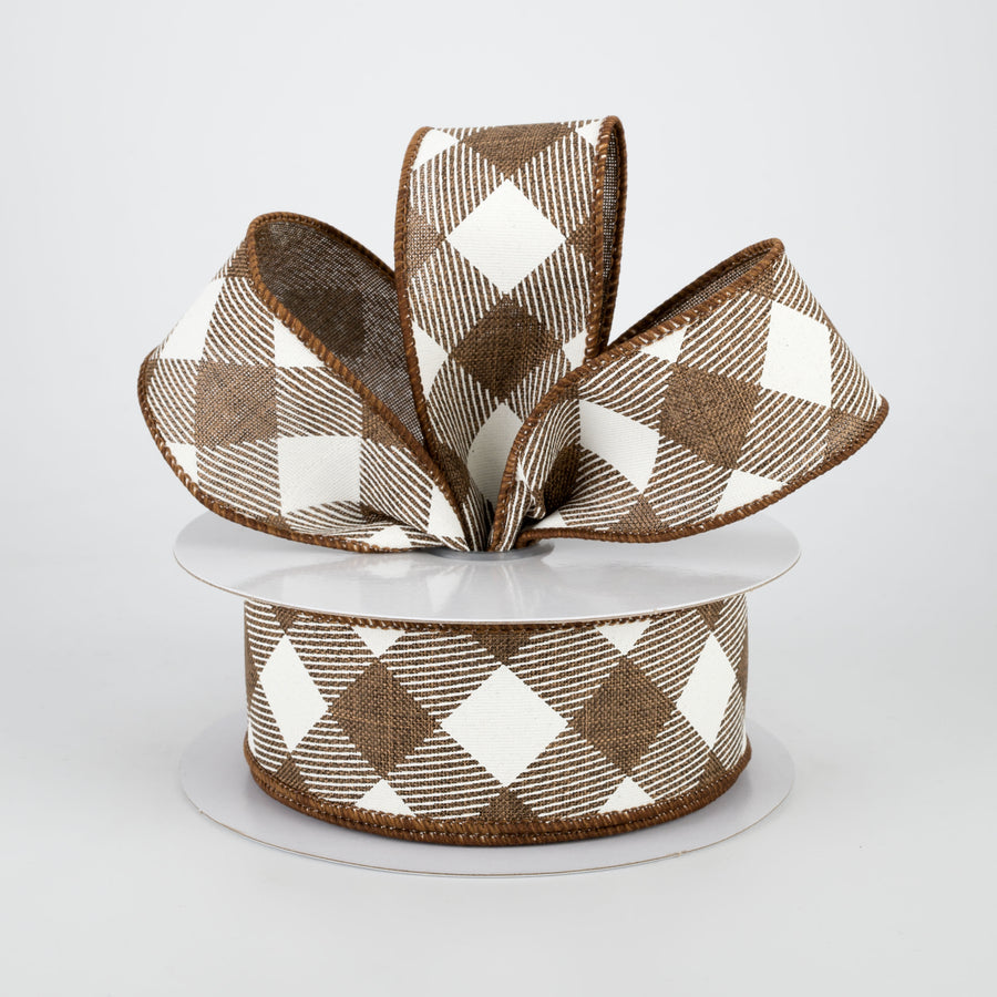 1.5" Diagonal Check Ribbon: Brown & Ivory (10 Yards) Lifestyle Photo