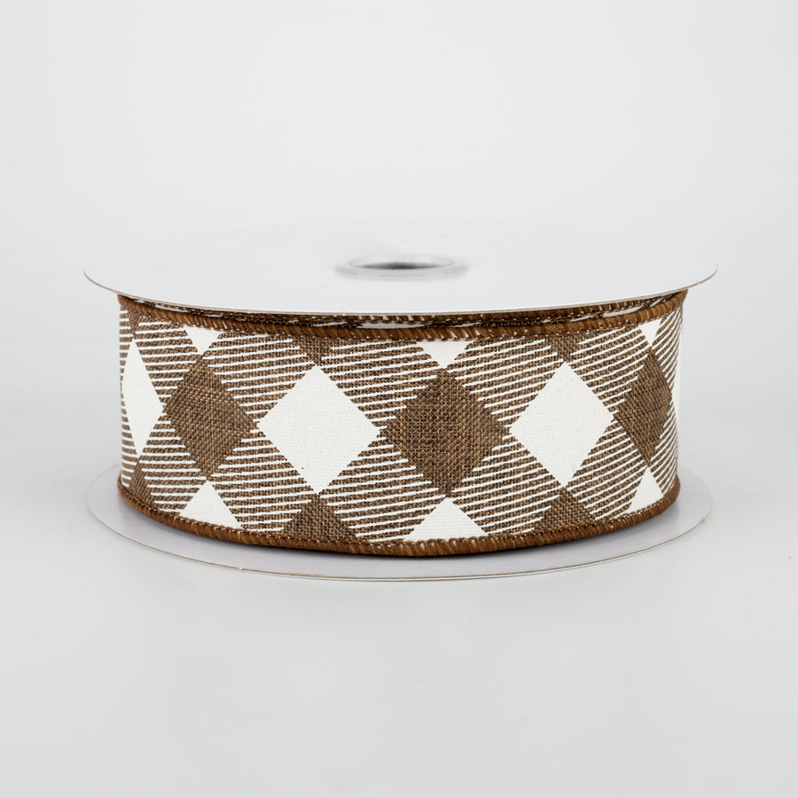 1.5" Diagonal Check Ribbon: Brown & Ivory (10 Yards)