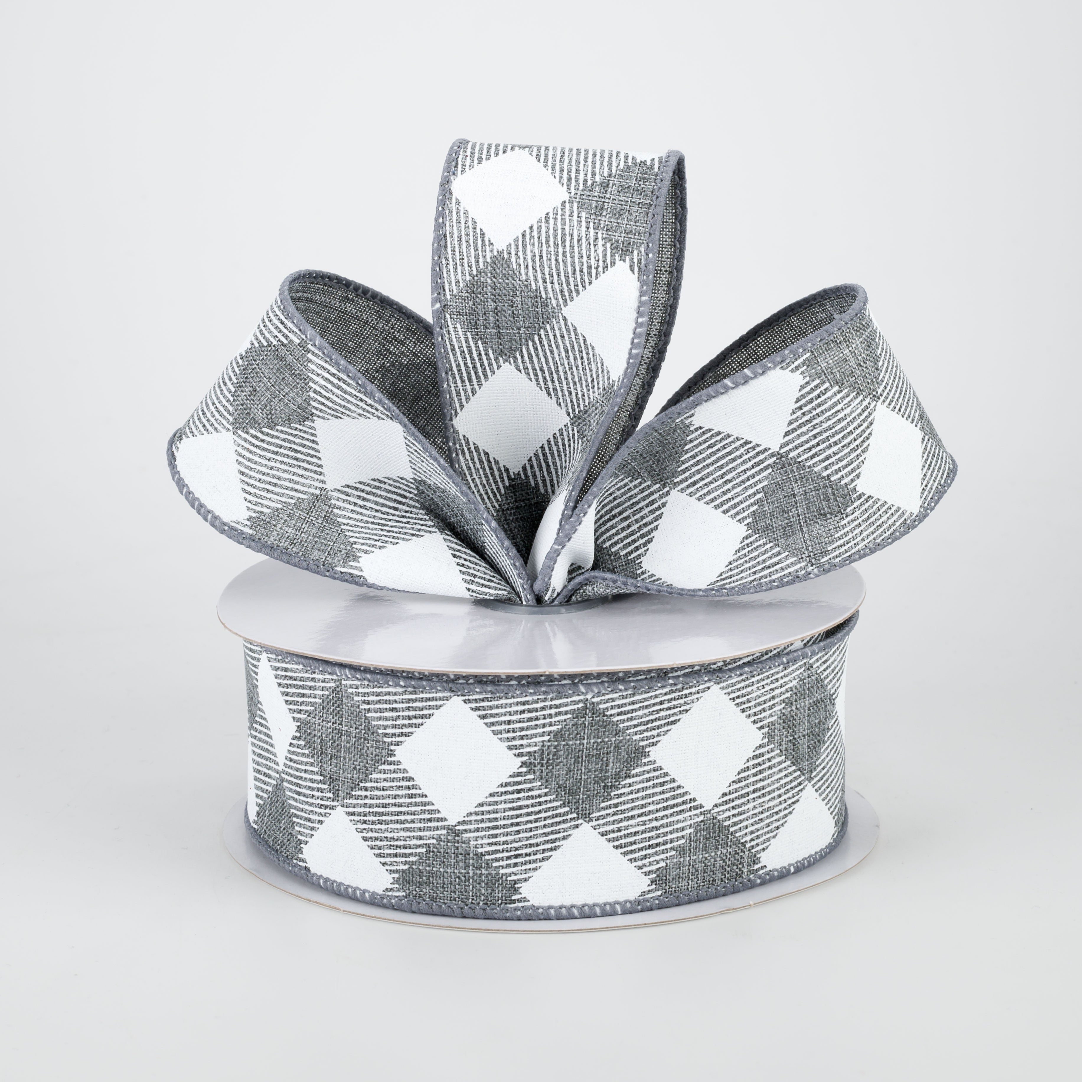 1.5" Diagonal Check Ribbon: Grey & White (10 Yards) Lifestyle Photo