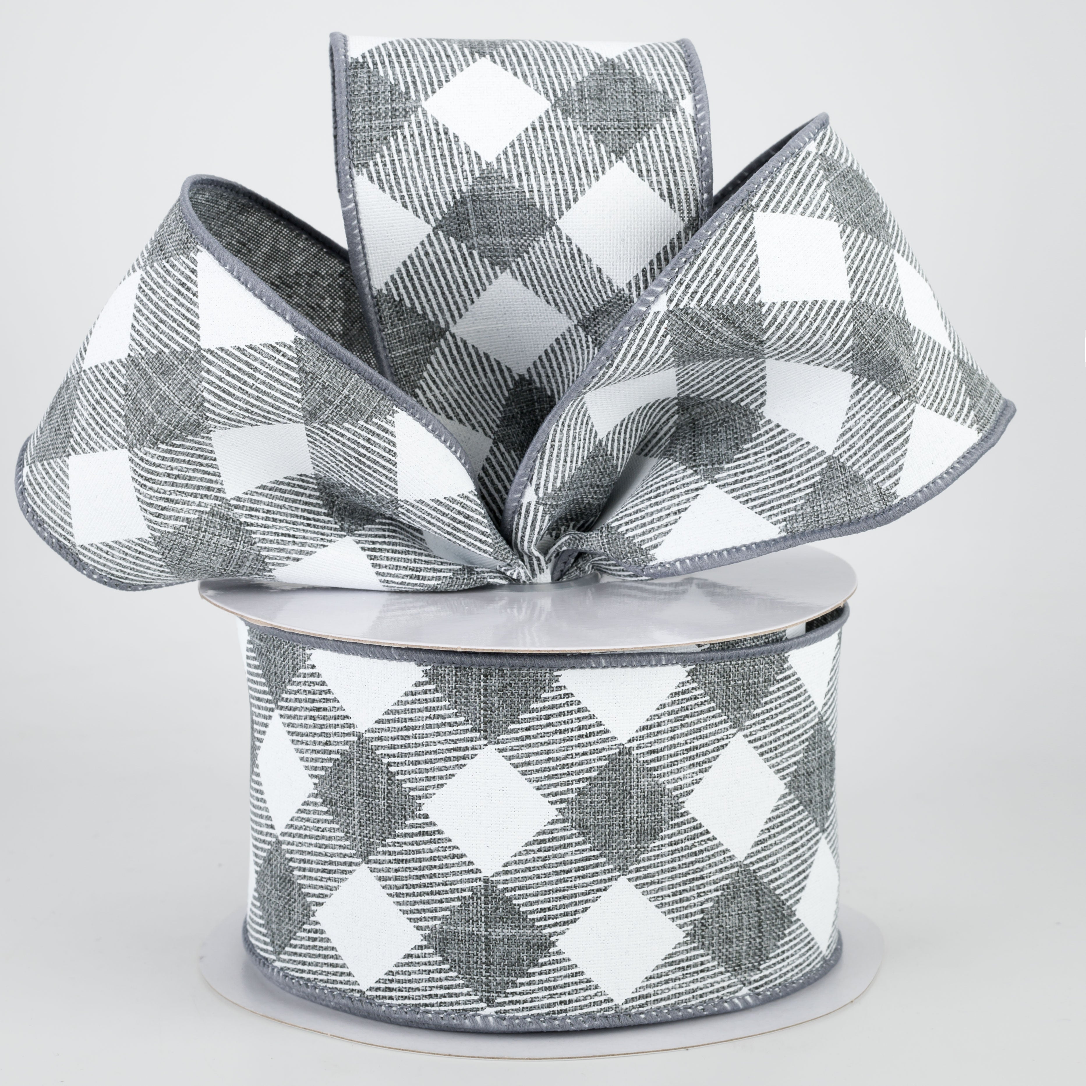 2.5" Diagonal Check Ribbon: Grey & White (10 Yards) Lifestyle Photo