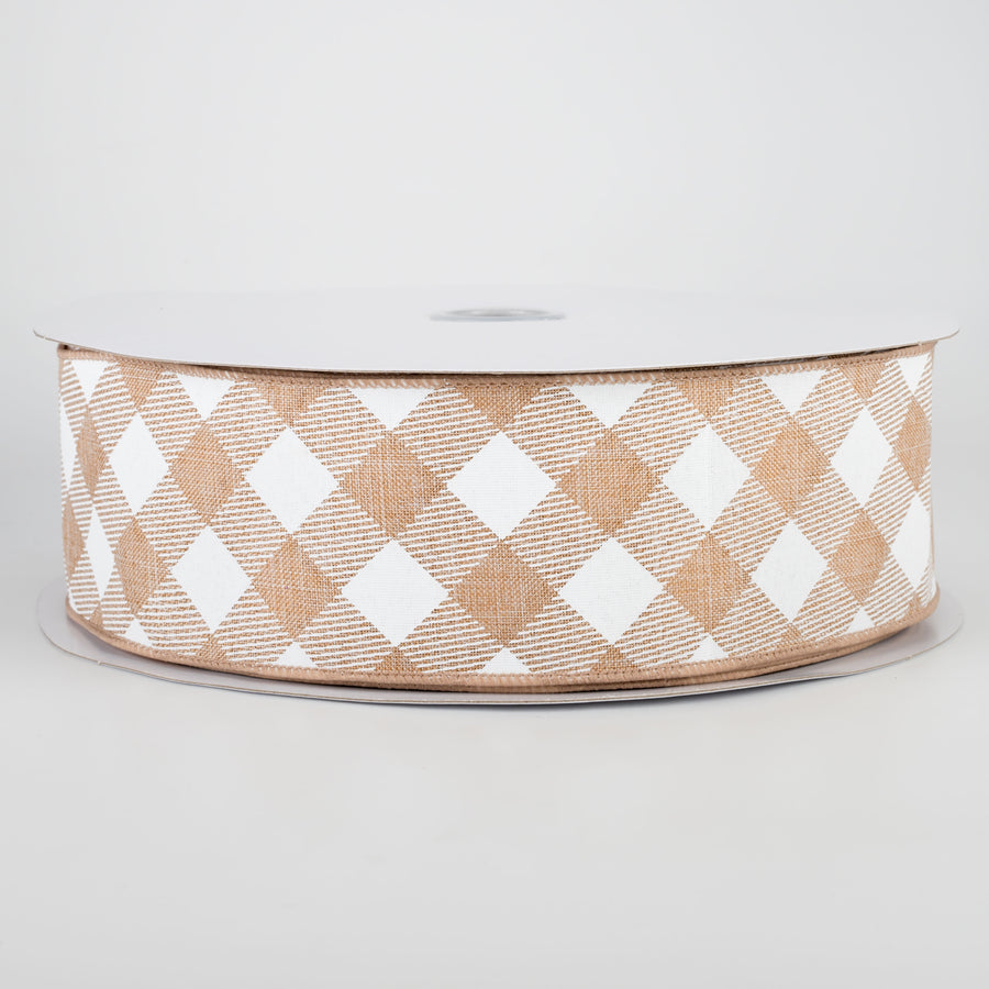 2.5" Diagonal Check Ribbon: Light Tan & White (50 Yards)