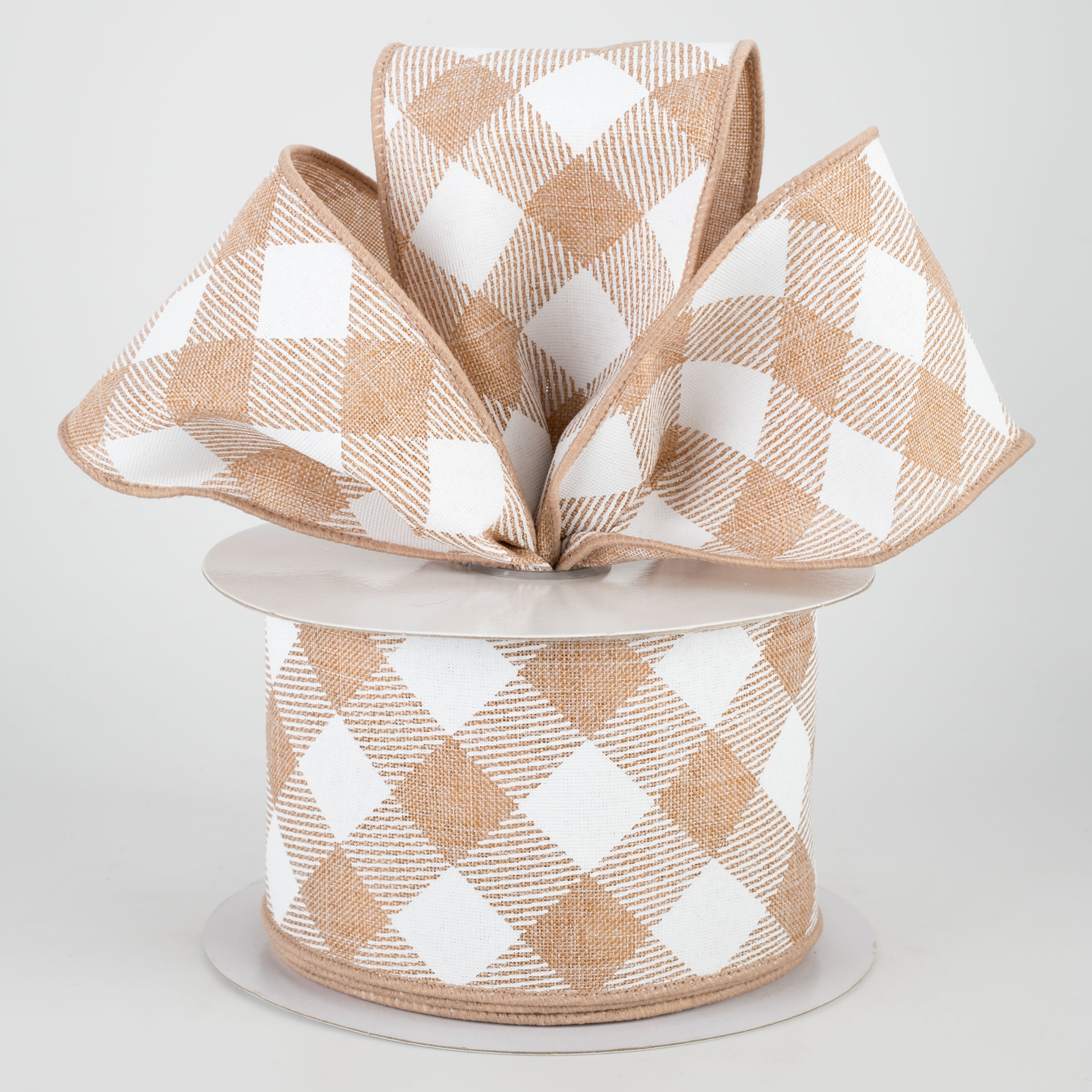 2.5" Diagonal Check Ribbon: Light Tan & White (10 Yards) Lifestyle Photo