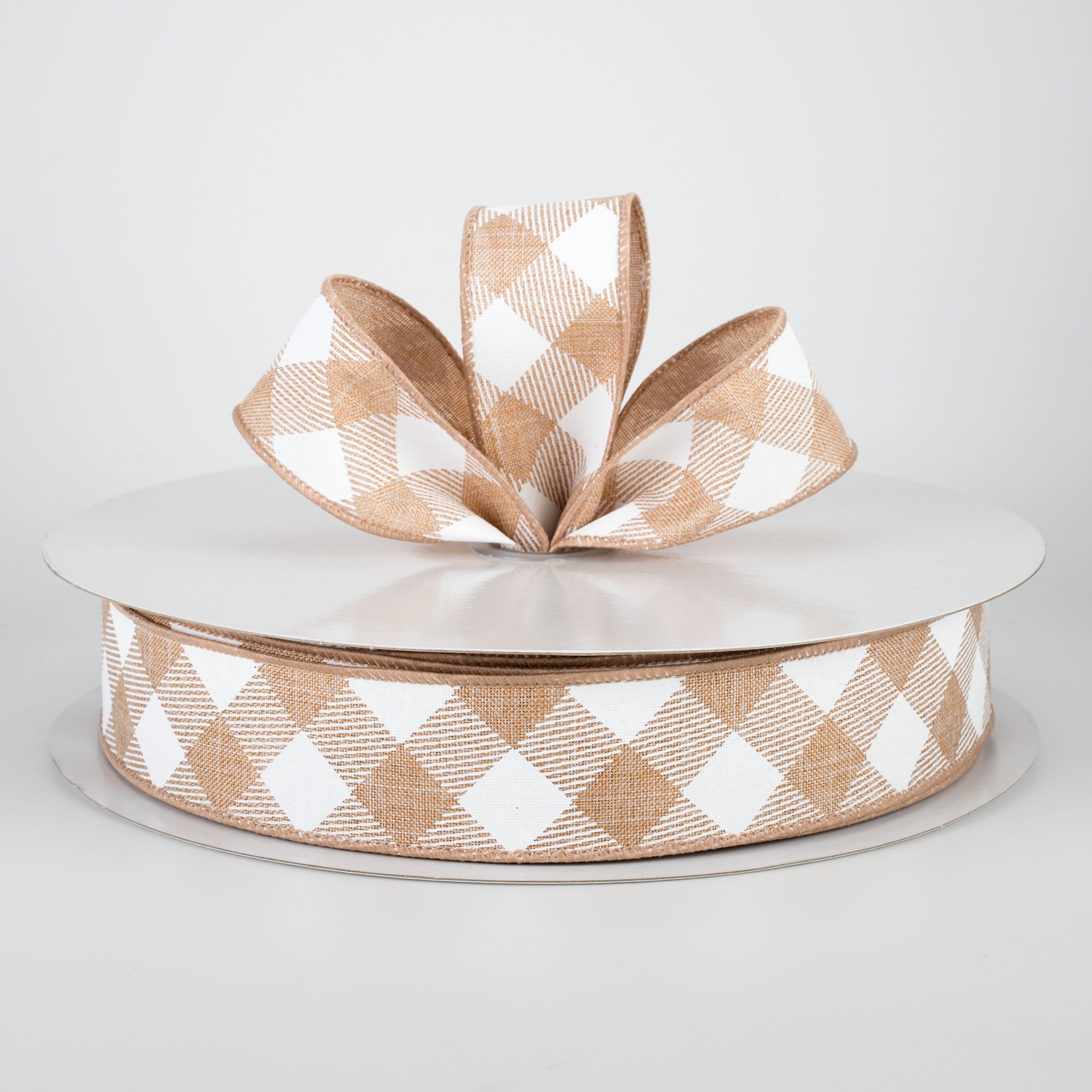 1.5" Diagonal Check Ribbon: Light Tan & White (50 Yards) Lifestyle Photo